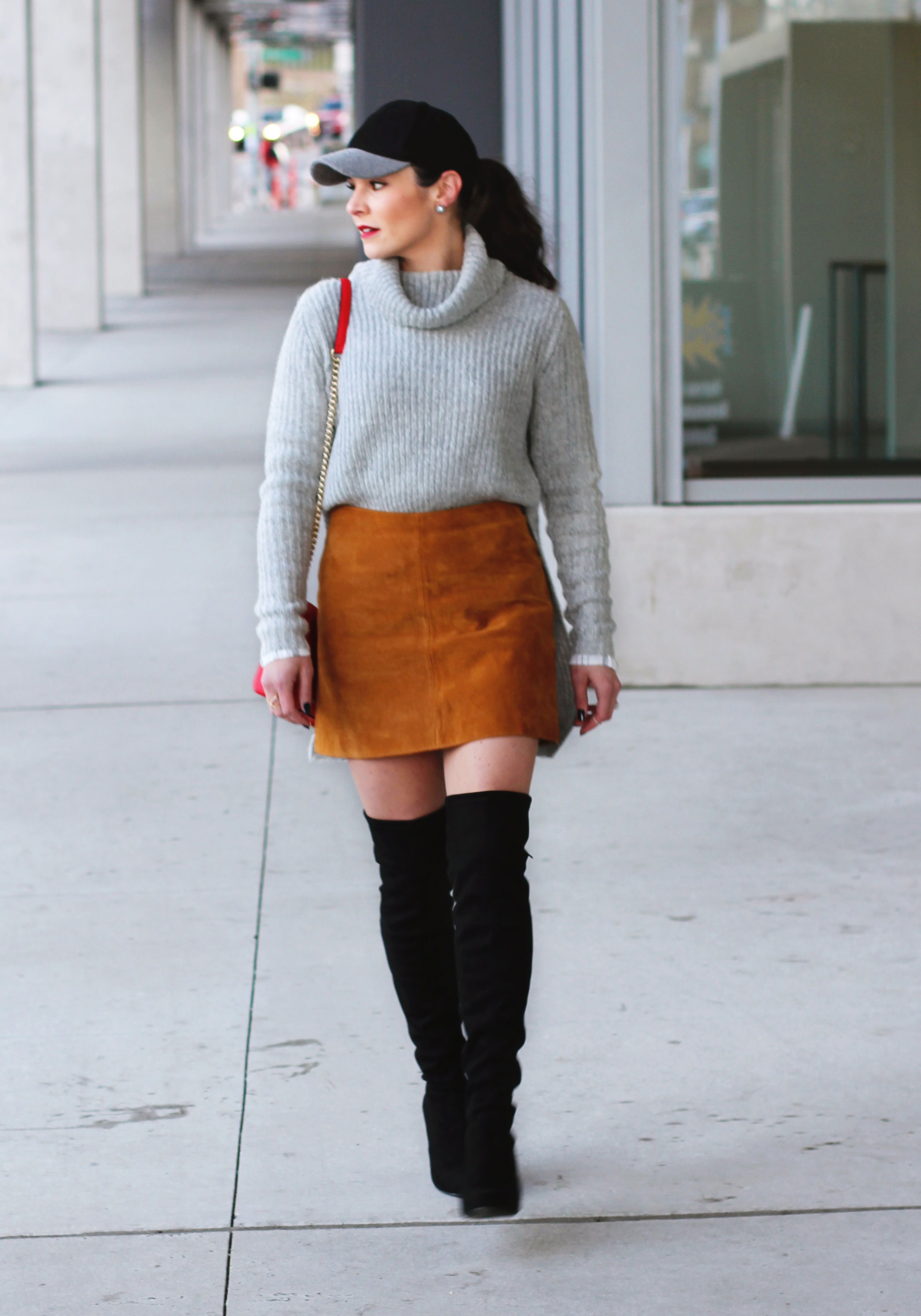 Winter Outfit, Sweater with Suede Skirt, Steve Madden Gorgeous Over The Knee Boots, Wool Baseball Hat, Red Rebecca Minkoff Avery Crossbody Bag 