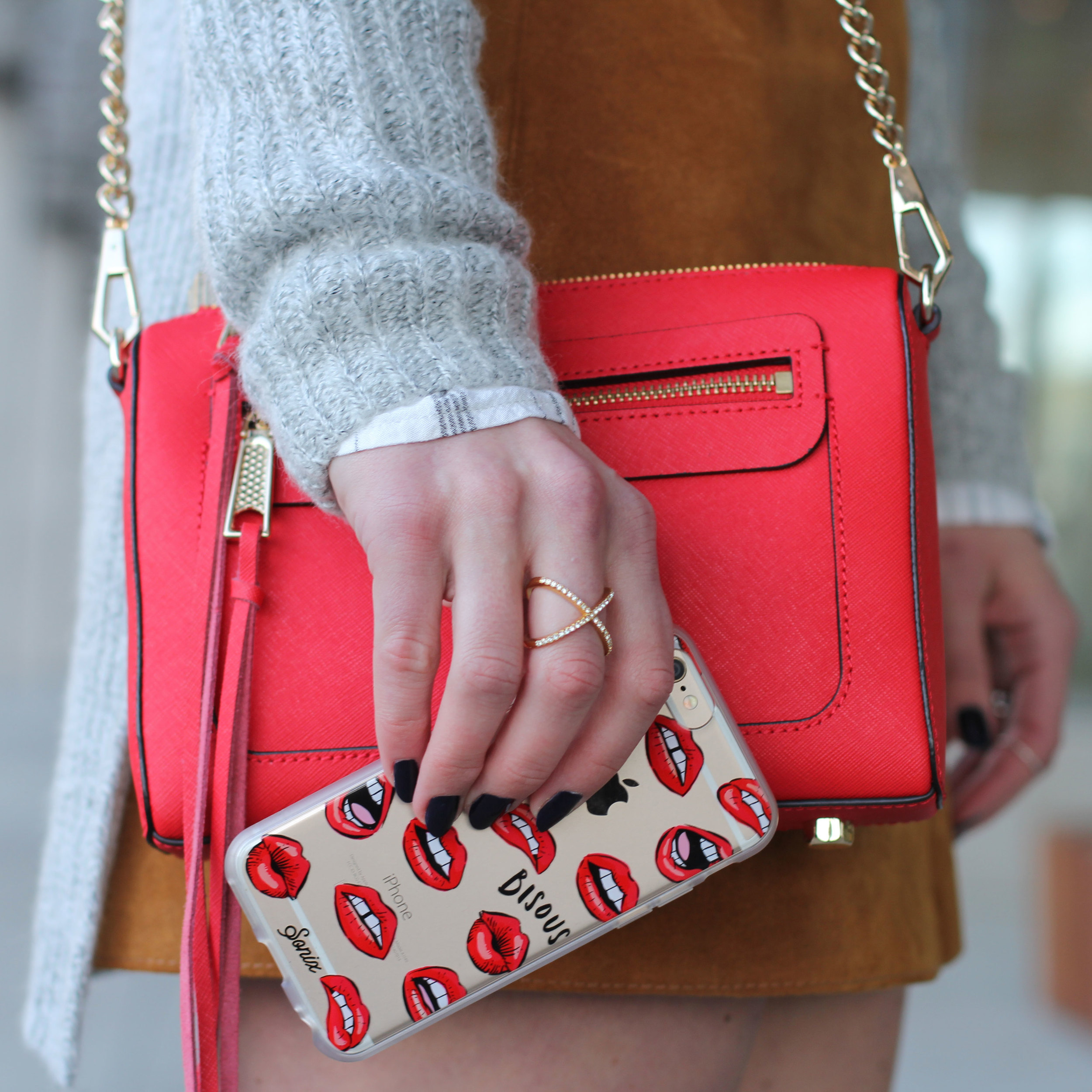 Winter Outfit, Sweater with Suede Skirt, Steve Madden Gorgeous Over The Knee Boots, Wool Baseball Hat, Red Rebecca Minkoff Avery Crossbody Bag