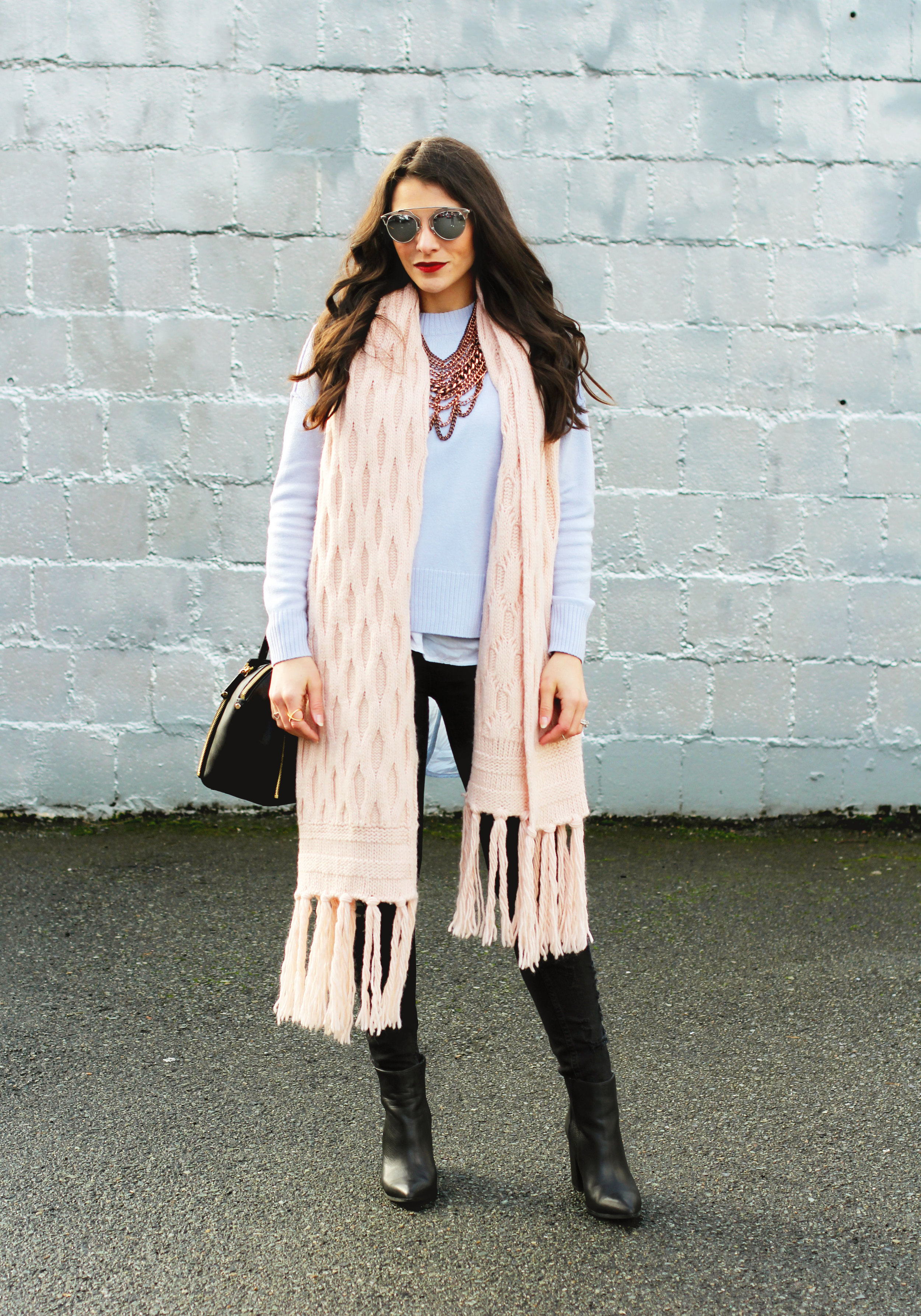 Winter Outfit, Pantone Colors 2016, Banana Republic Rose Quartz Scarf, Serenity Blue Sweater, Black Ripped Skinny Jeans, Rebecca Minkoff Mini Perry Satchel, Seyhelles Accordian Booties