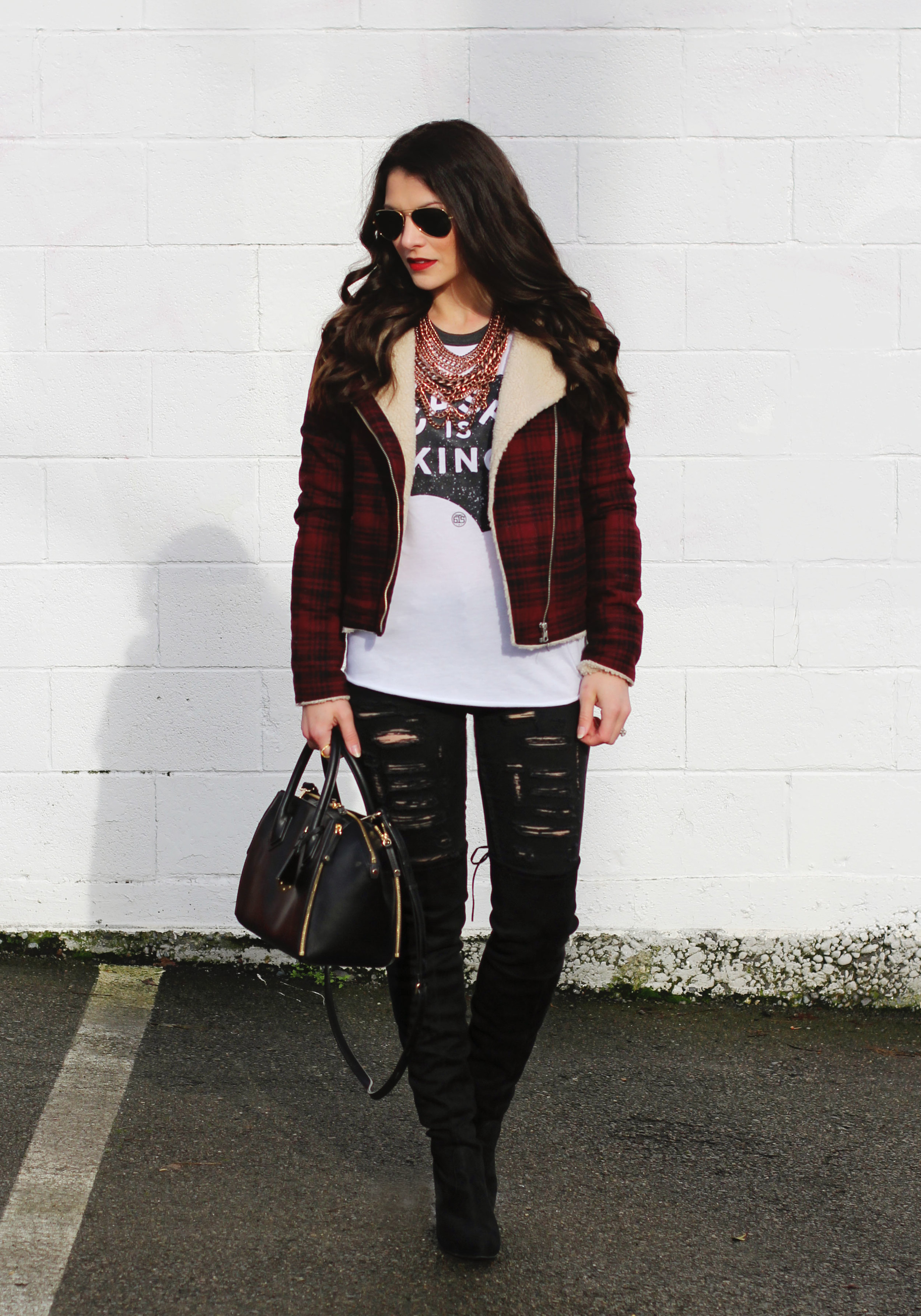 Winter OOTD, Plaid Moto Jacket, Johnny Cash Tee, Ripped Skinny Jeans, Steve Madden 'Gorgeous' Over The Knee Boots, Rebecca Minkoff 'Mini Perry' Satchel, Ray-Ban Aviators, Baublebar 'Courtney' Necklace