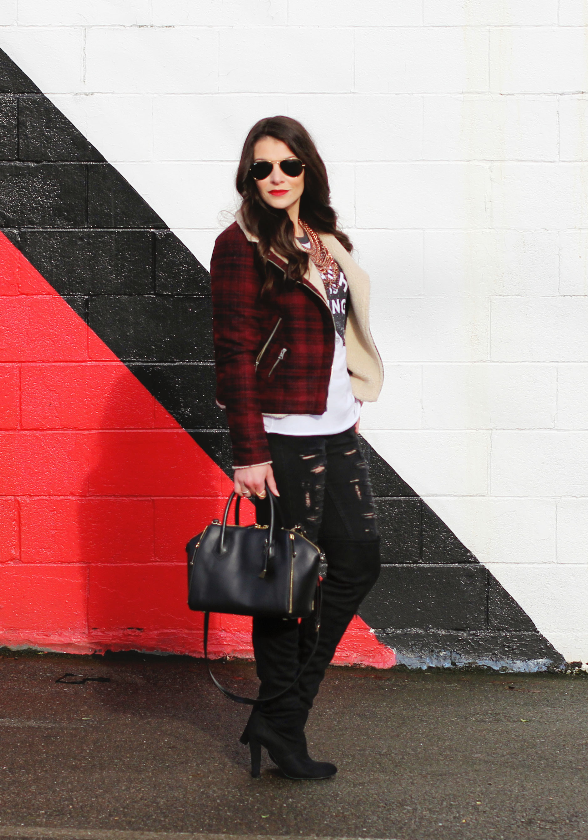 Winter OOTD, Plaid Moto Jacket, Johnny Cash Tee, Ripped Skinny Jeans, Steve Madden 'Gorgeous' Over The Knee Boots, Rebecca Minkoff 'Mini Perry' Satchel, Ray-Ban Aviators, Baublebar 'Courtney' Necklace