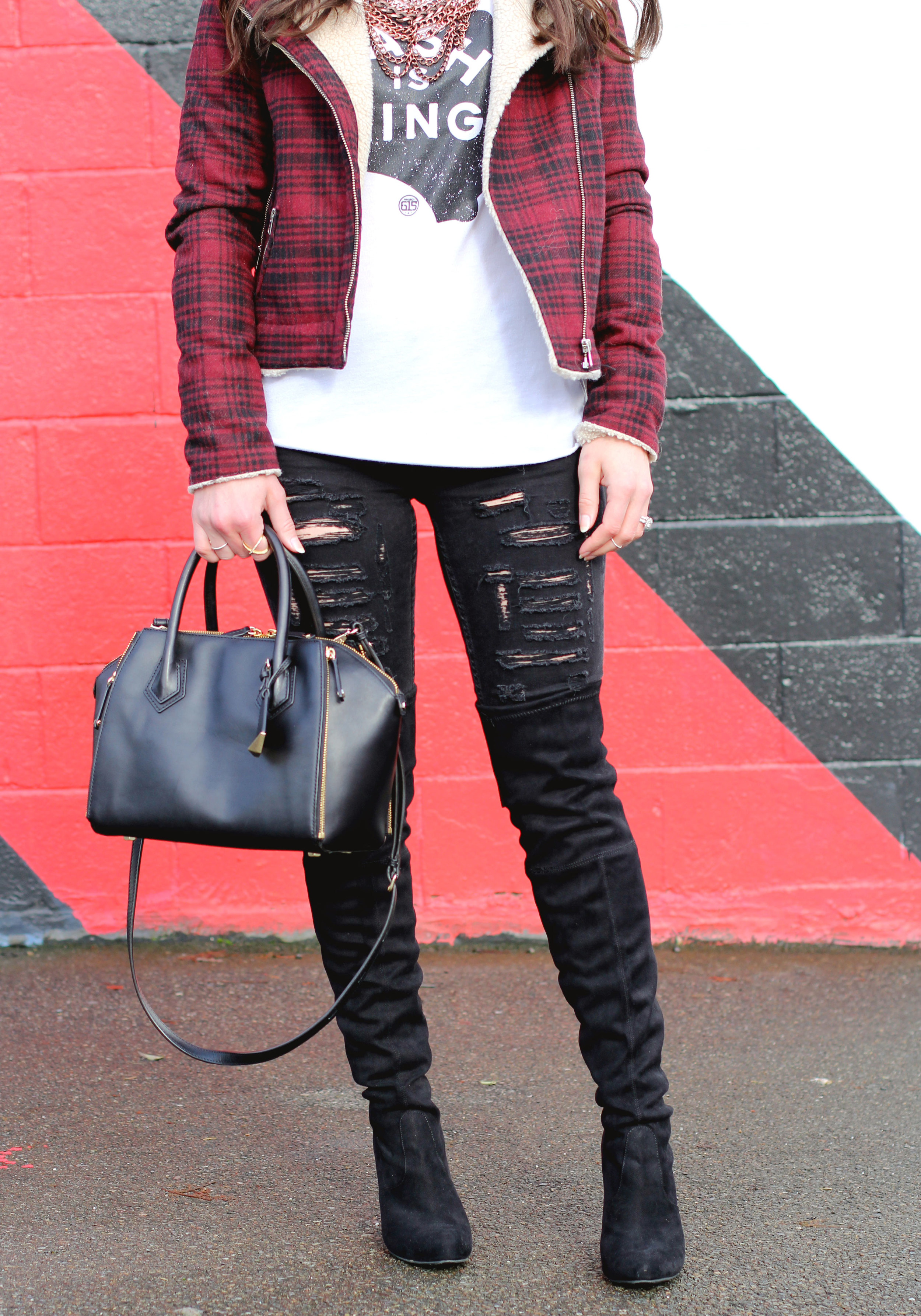 Winter OOTD, Plaid Moto Jacket, Johnny Cash Tee, Ripped Skinny Jeans, Steve Madden 'Gorgeous' Over The Knee Boots, Rebecca Minkoff 'Mini Perry' Satchel, Ray-Ban Aviators, Baublebar 'Courtney' Necklace