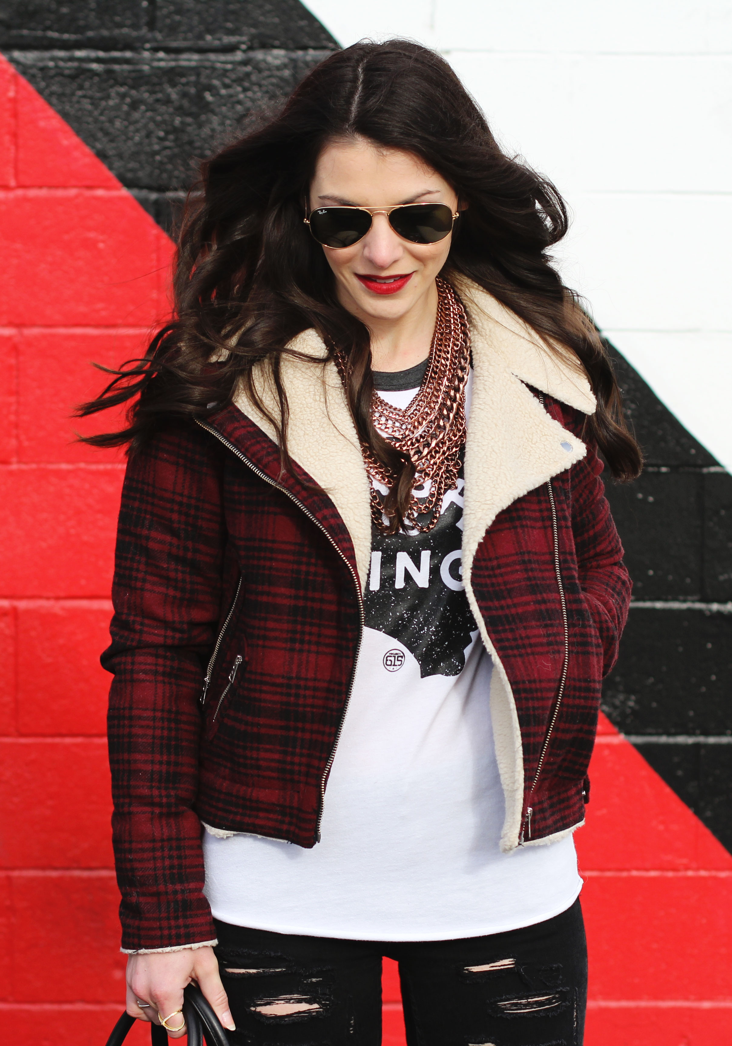 Winter OOTD, Plaid Moto Jacket, Johnny Cash Tee, Ripped Skinny Jeans, Steve Madden 'Gorgeous' Over The Knee Boots, Rebecca Minkoff 'Mini Perry' Satchel, Ray-Ban Aviators, Baublebar 'Courtney' Necklace