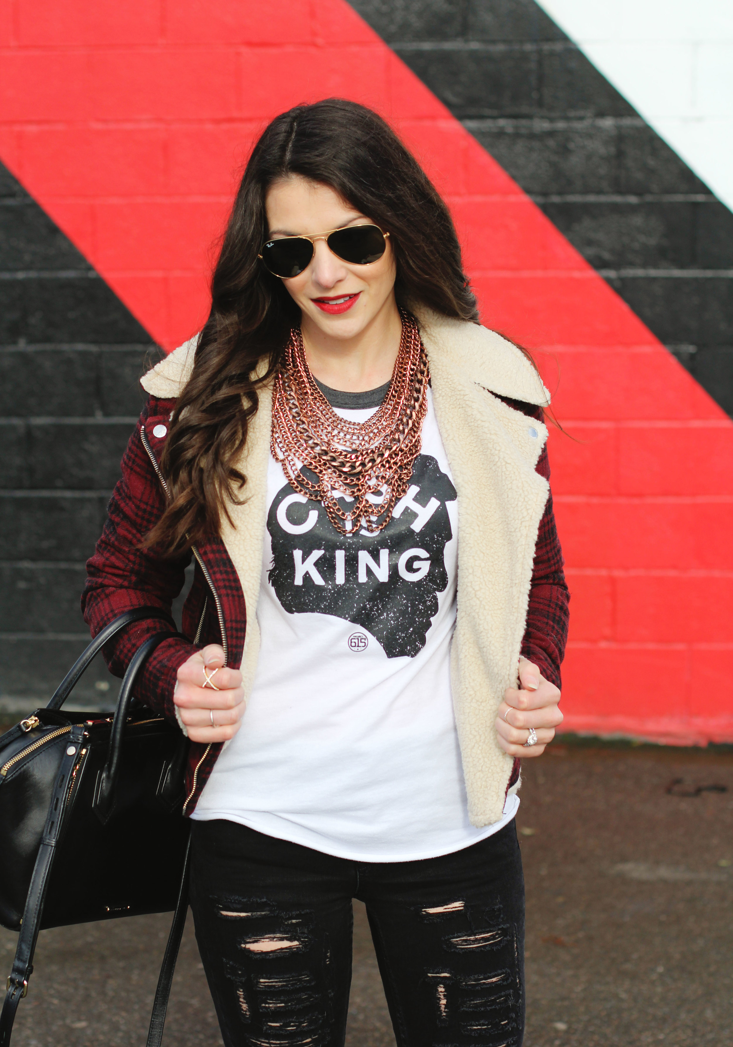 Winter OOTD, Plaid Moto Jacket, Johnny Cash Tee, Ripped Skinny Jeans, Steve Madden 'Gorgeous' Over The Knee Boots, Rebecca Minkoff 'Mini Perry' Satchel, Ray-Ban Aviators, Baublebar 'Courtney' Necklace