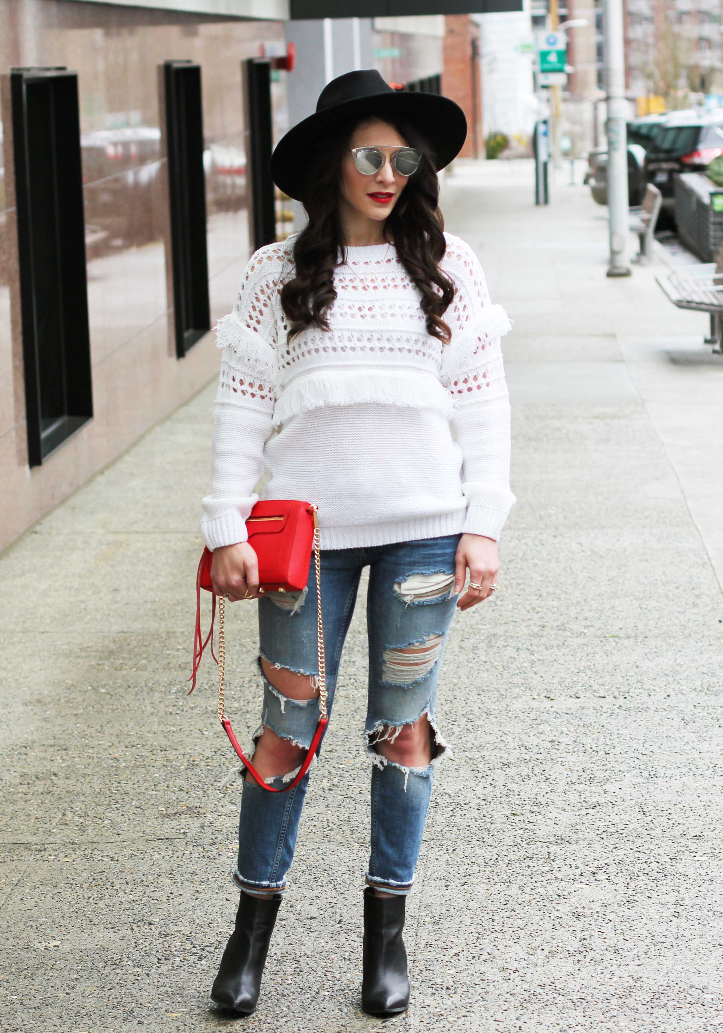 Winter Outfit, JOA Openwork Pullover Fringe Sweater, Destroyed Skinny Jeans, Seychelles 'Accordian' Booties, Brixton Mayfield II Hat, Dior Look Alike Sunglasses, Red Rebecca Minkoff 'Avery' Crossbody