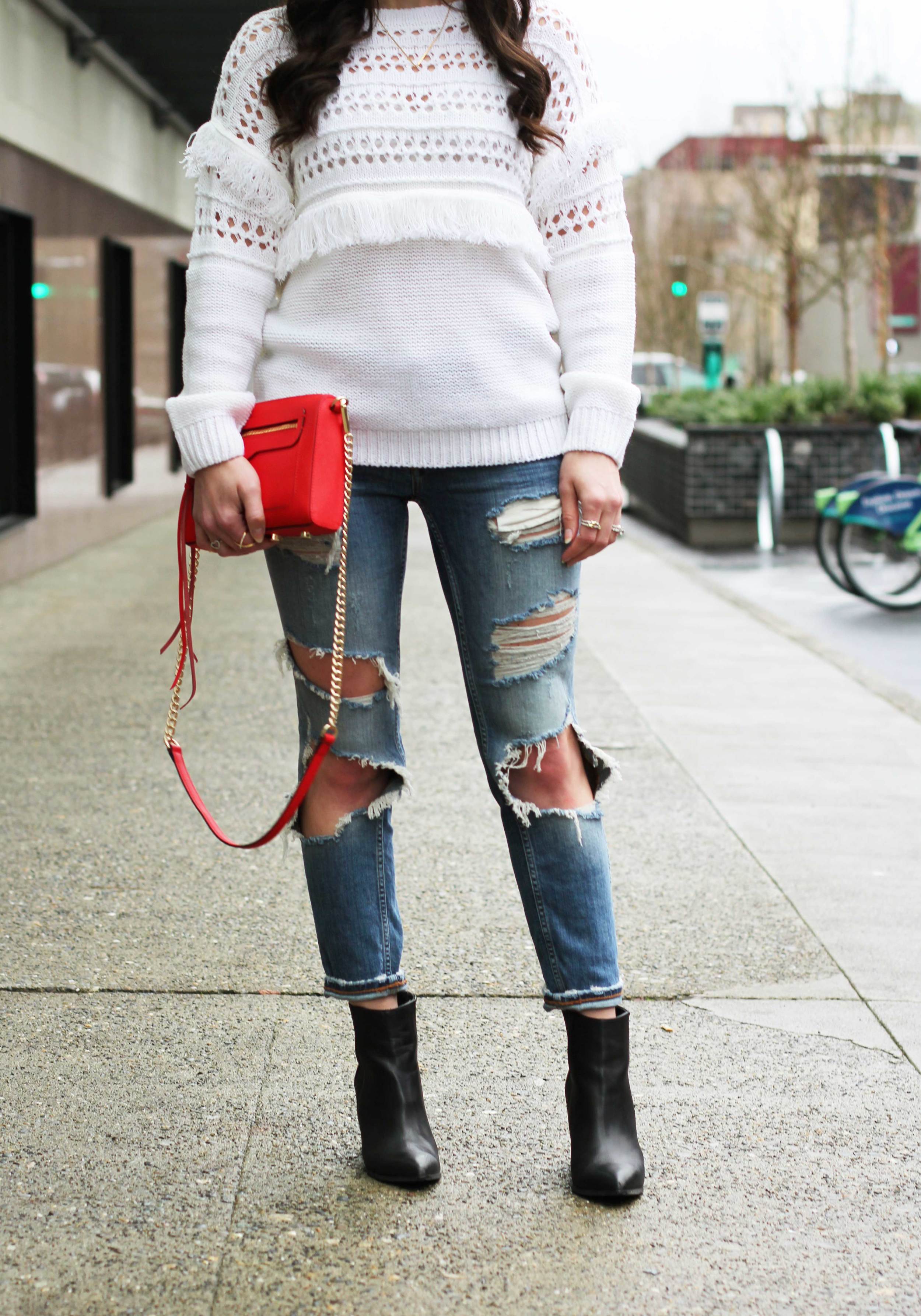 Winter Outfit, JOA Openwork Pullover Fringe Sweater, Destroyed Skinny Jeans, Seychelles 'Accordian' Booties, Brixton Mayfield II Hat, Dior Look Alike Sunglasses, Red Rebecca Minkoff 'Avery' Crossbody