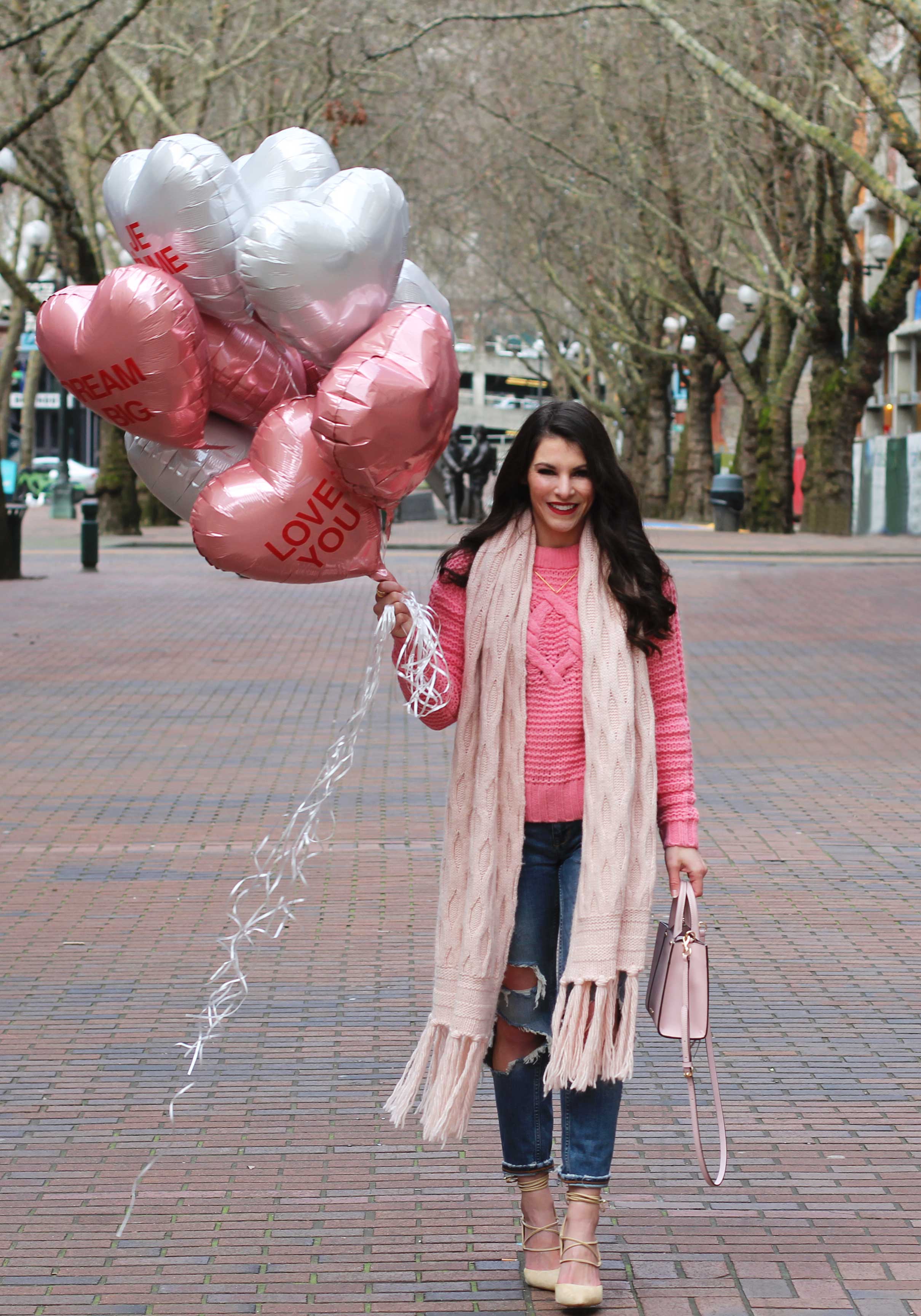 Casual Valentine's Day Outfit, Banana Republic Cable-Knit Sweater & Scarf, Destroyed Girlfriend Jeans, Sam Edelman "Dayna" Lace-Up Pumps, Rebecca Minkoff 'Mab Mini' Bag, Conversation Heart Balloons