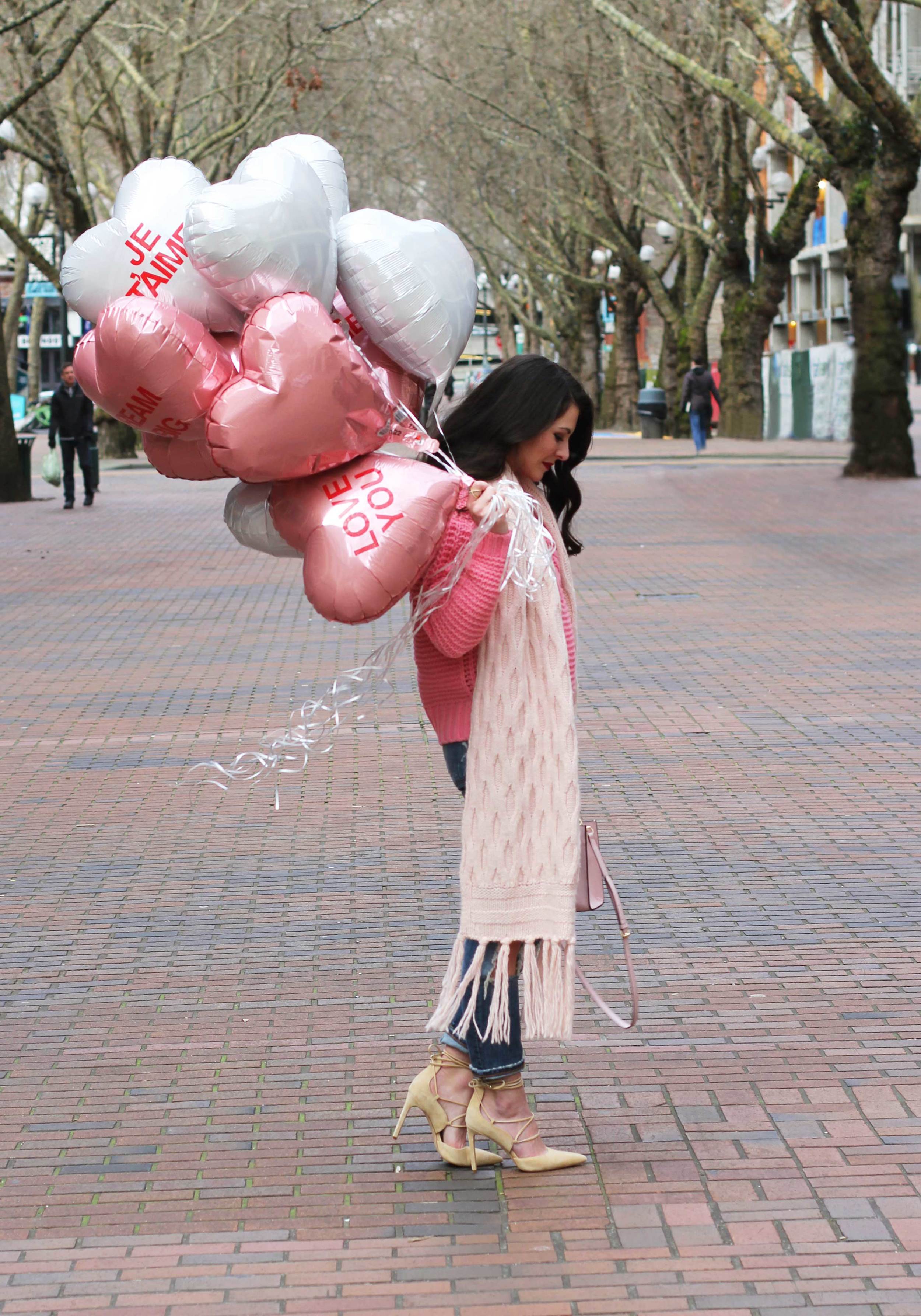 Casual Valentine's Day Outfit, Banana Republic Cable-Knit Sweater & Scarf, Destroyed Girlfriend Jeans, Sam Edelman "Dayna" Lace-Up Pumps, Rebecca Minkoff 'Mab Mini' Bag, Conversation Heart Balloons 