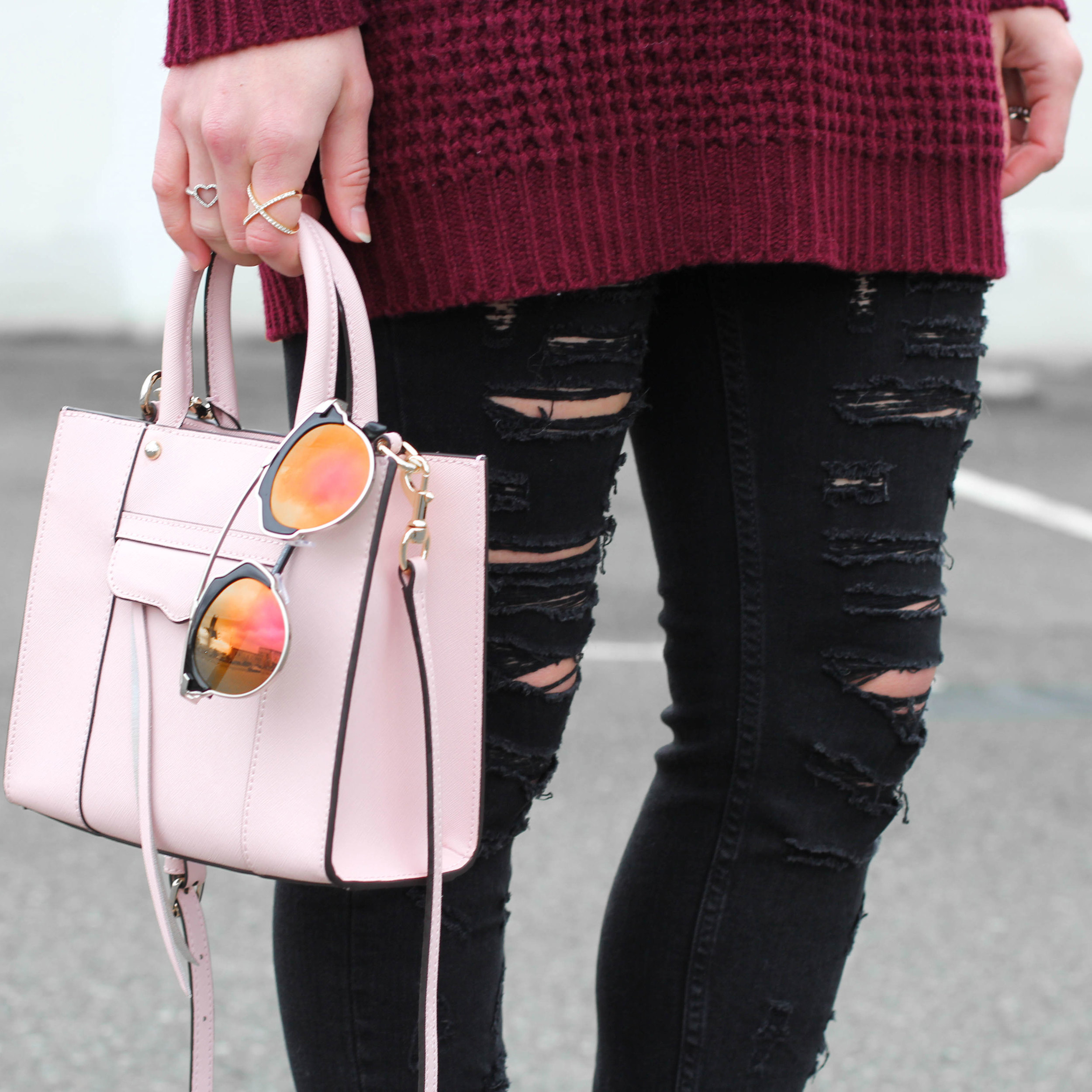 Casual Valentine's Day Outfit, Burgundy Tunic Sweater, Burgundy Pumps, Light Pink Rebecca Minkoff Mini Mab Tote, Black Destroyed Jeans, Dior Look Alike Sunglasses