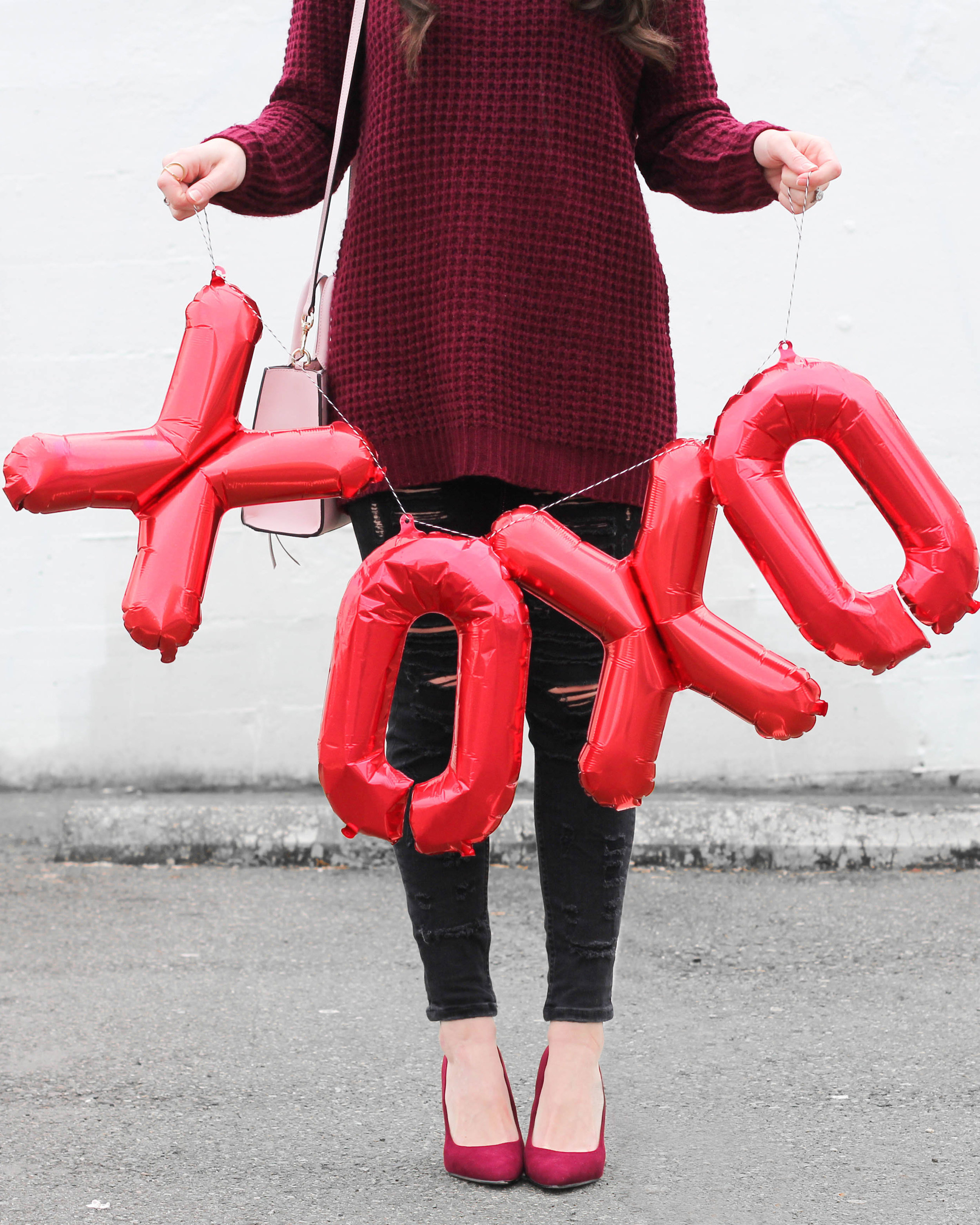 Casual Valentine's Day Outfit, Burgundy Tunic Sweater, Burgundy Pumps, Light Pink Rebecca Minkoff Mini Mab Tote, Black Destroyed Jeans, Dior Look Alike Sunglasses