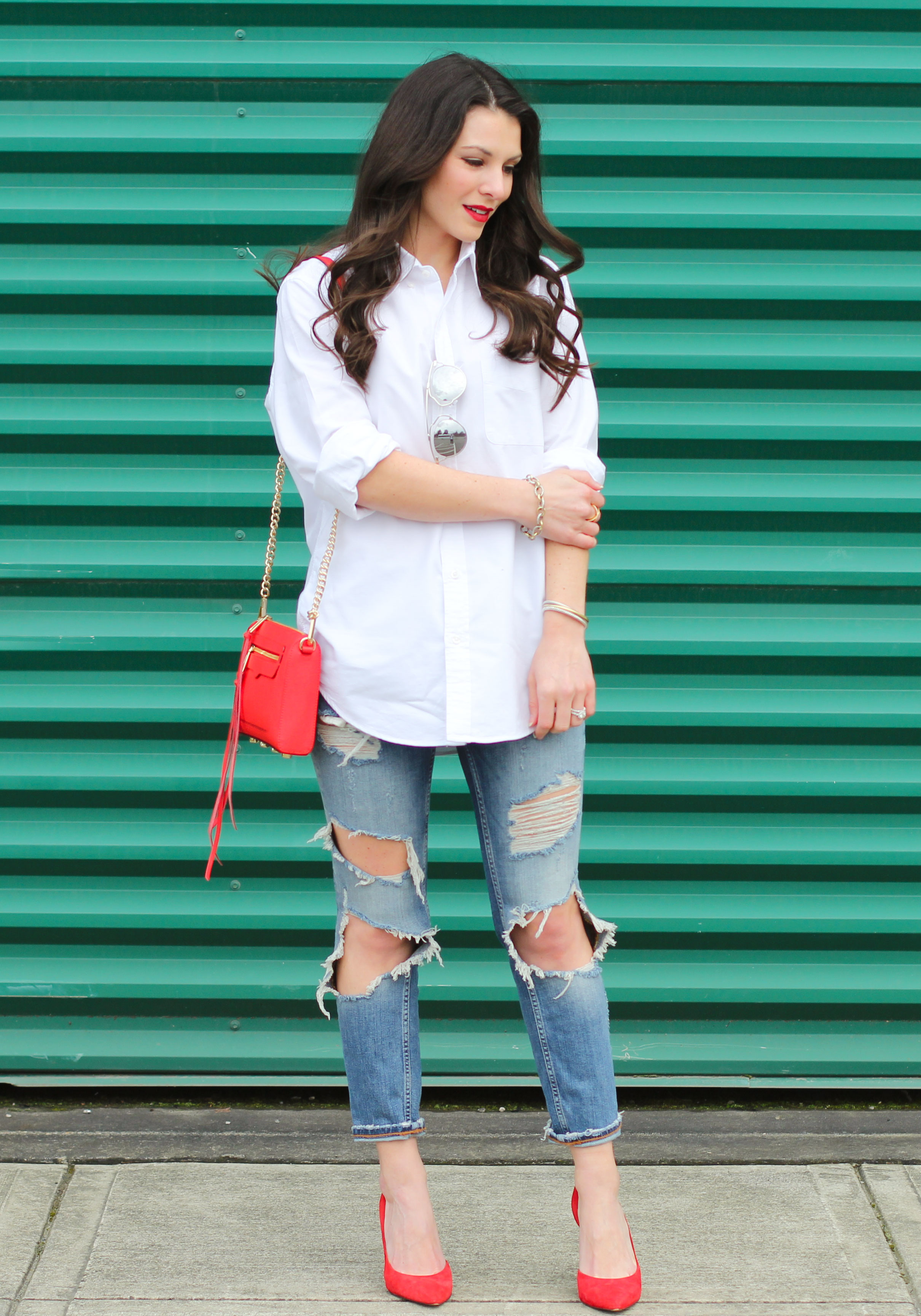 How To Wear Your Boyfriend's White Shirt, Destroyed Jeans, Red Pumps, Rebecca Minkoff Red Avery Crossbody Bag, Dior Replica Sunglasses, Weekend Style, Boyfriend Shirt Outfit