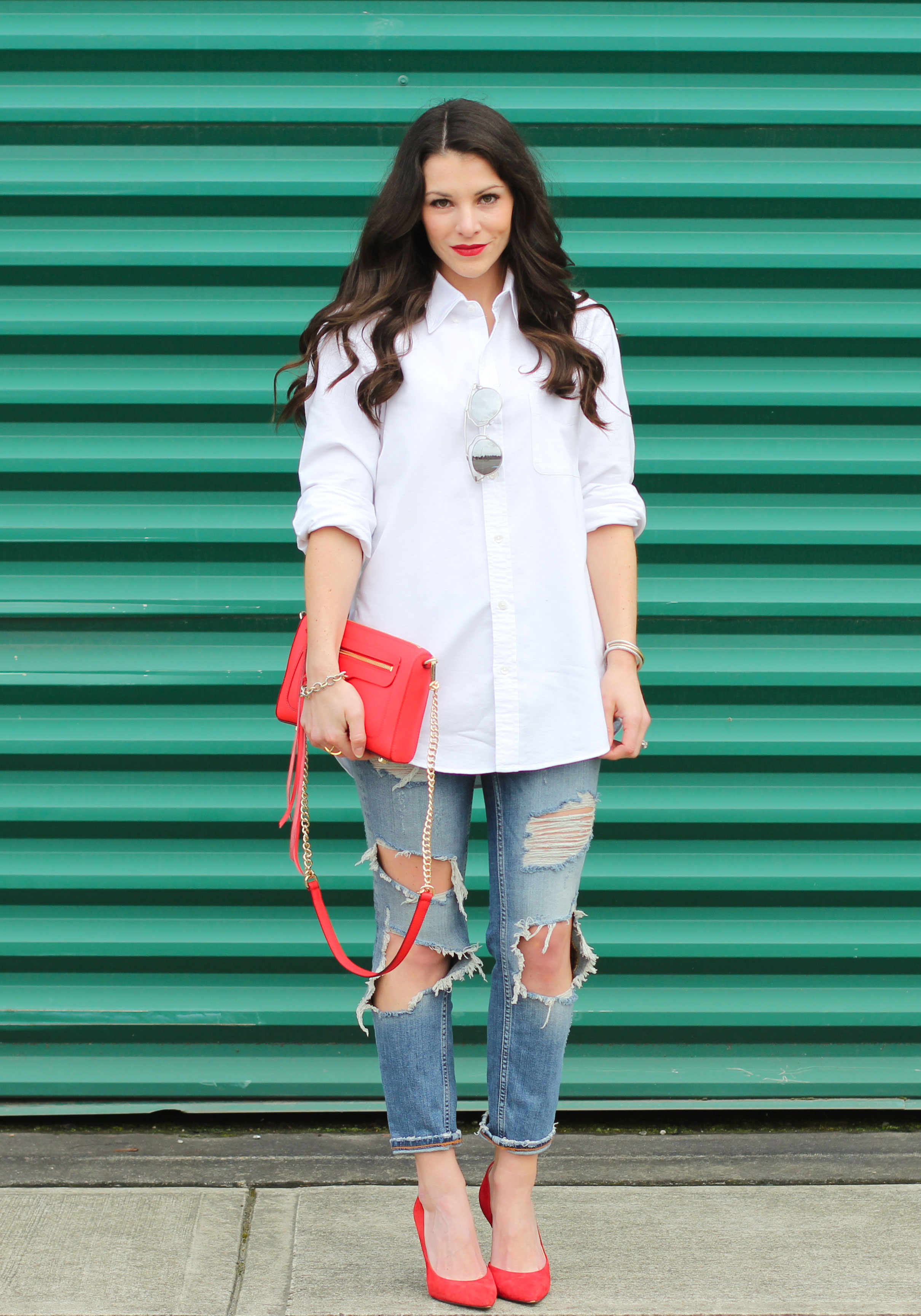 Boyfriend Shirt Outfit, Destroyed Jeans, Red Pumps, Rebecca Minkoff Red Avery Crossbody Bag, Dior Replica Sunglasses, Weekend Style