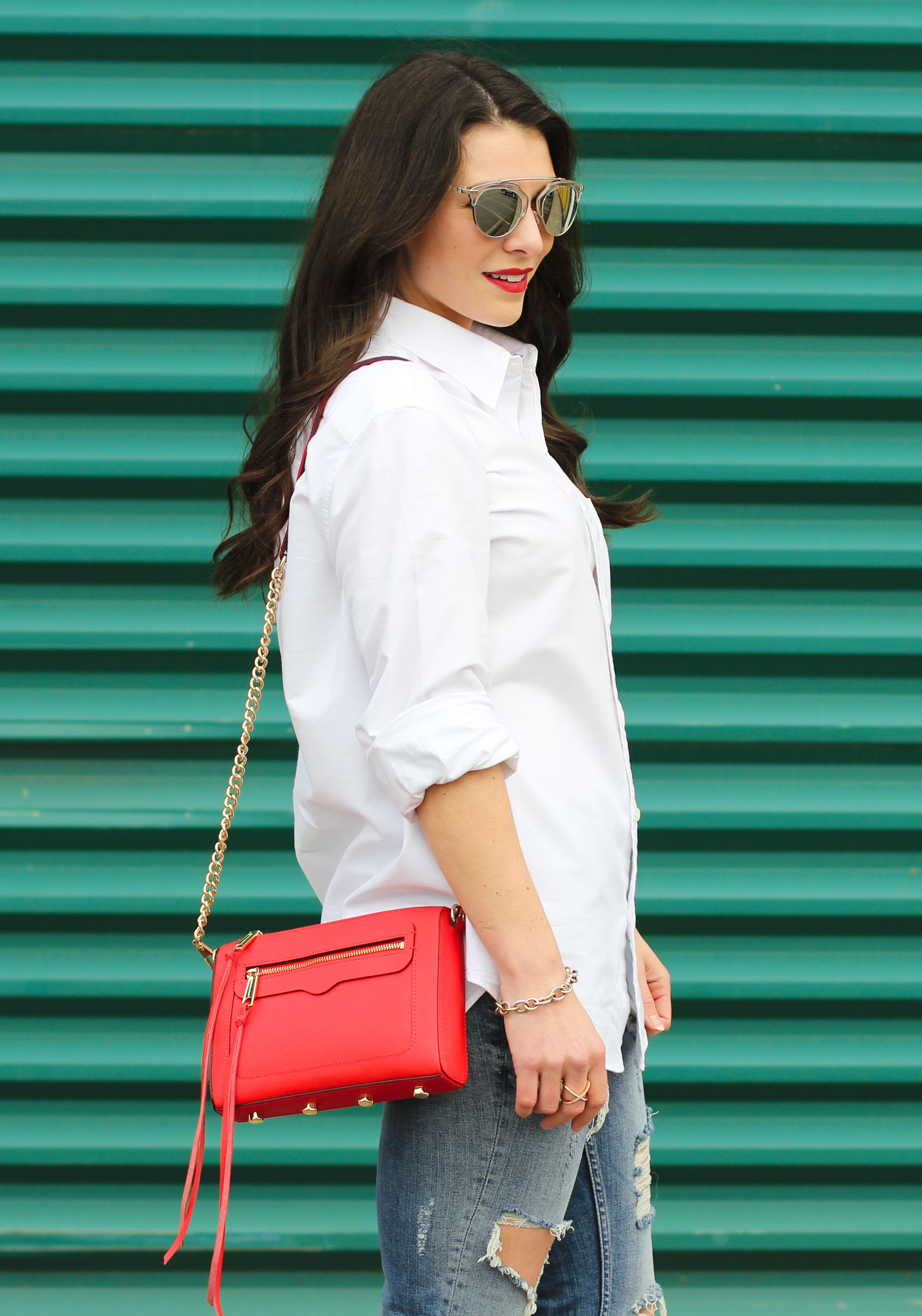 Boyfriend Shirt Outfit, Destroyed Jeans, Red Pumps, Rebecca Minkoff Red Avery Crossbody Bag, Dior Replica Sunglasses, Weekend Style