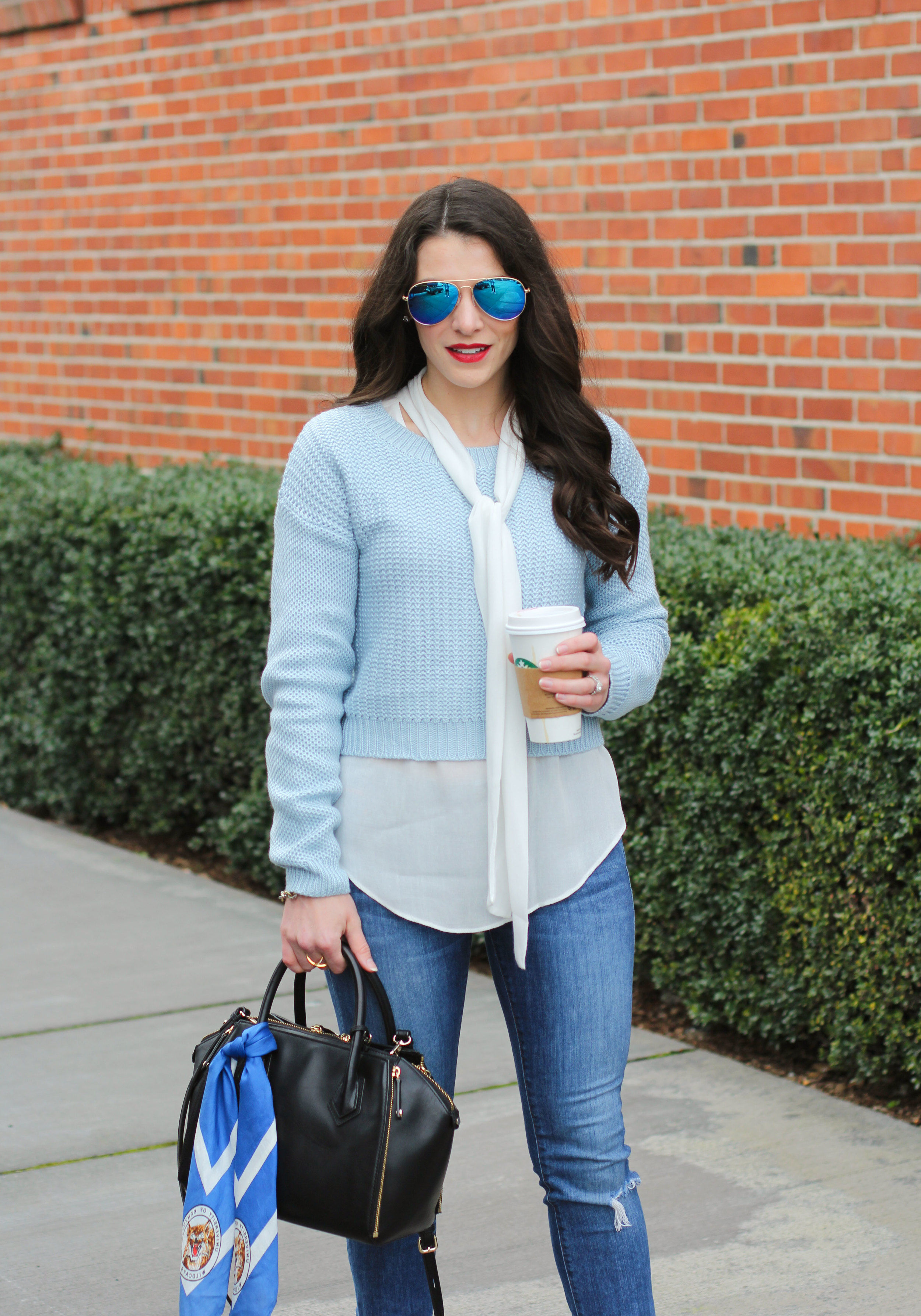 Winter Outfit, Cropped Sweater with Bow Blouse, Blue Mirrored Aviator Sunglasses, Rebecca Minkoff Mini Perry Satchel, Scarf Bag Accessory, Blue Suede Pumps