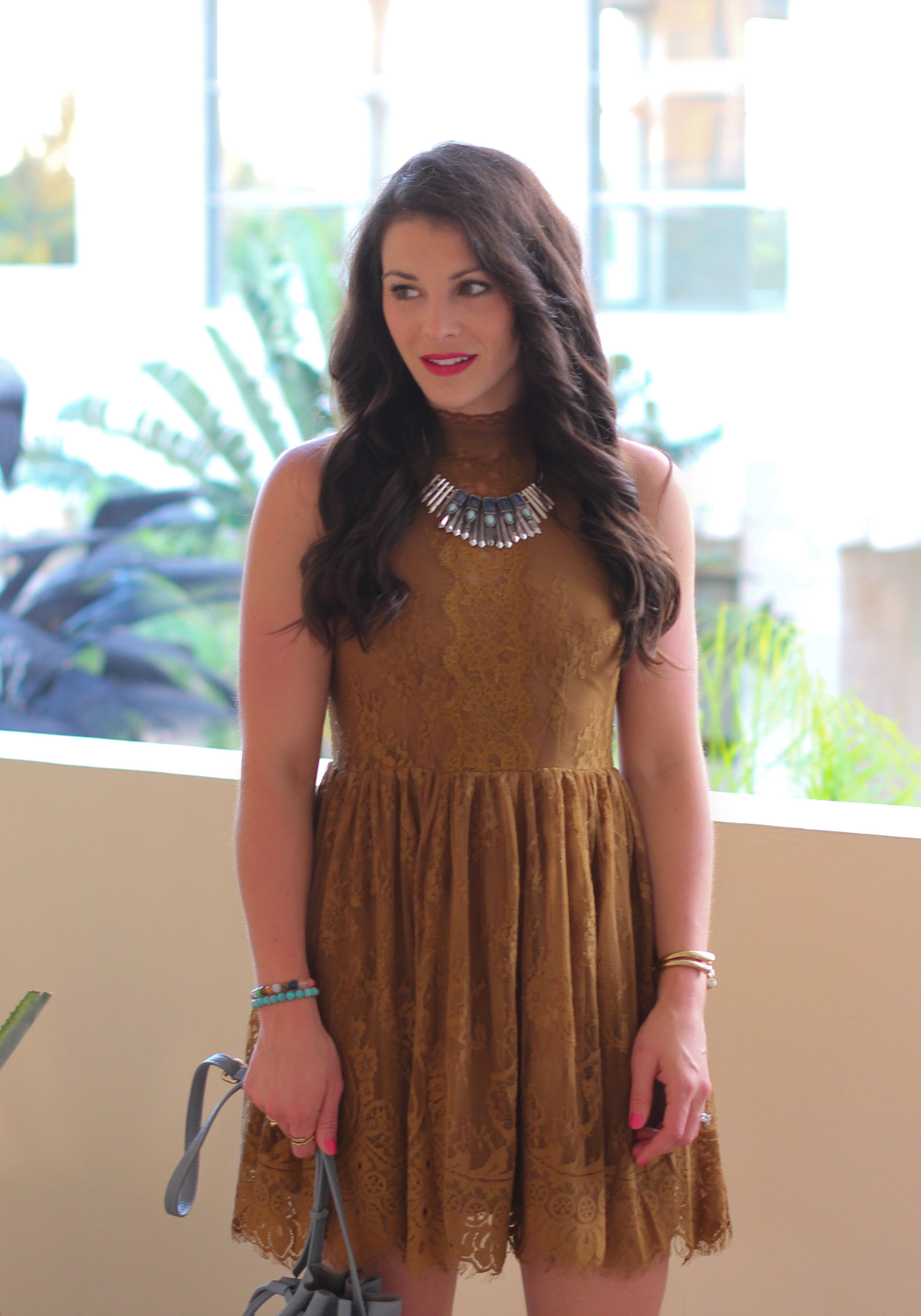 Vacation Outfit, Free People Verushka Mini Dress, Sam Edelman Yardley Lace-Up Sandals, Turquoise Necklace, Chambray Bucket Bag (Less than $50!)
