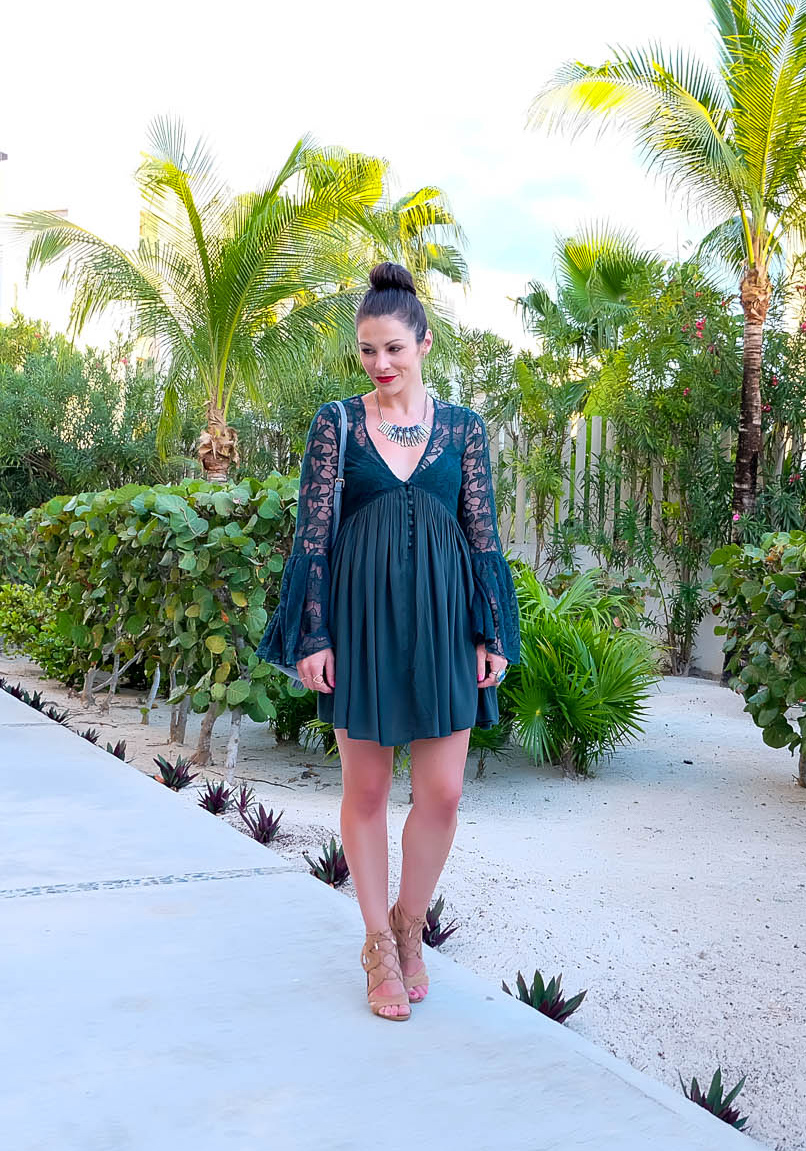 What To Wear On Vacation, Free People With Love From India Dress, Sam Edelman Yardley Lace-Up Sandals, Chambray Bucket Bag, Turquoise Necklace, Wet Hair In A Topknot