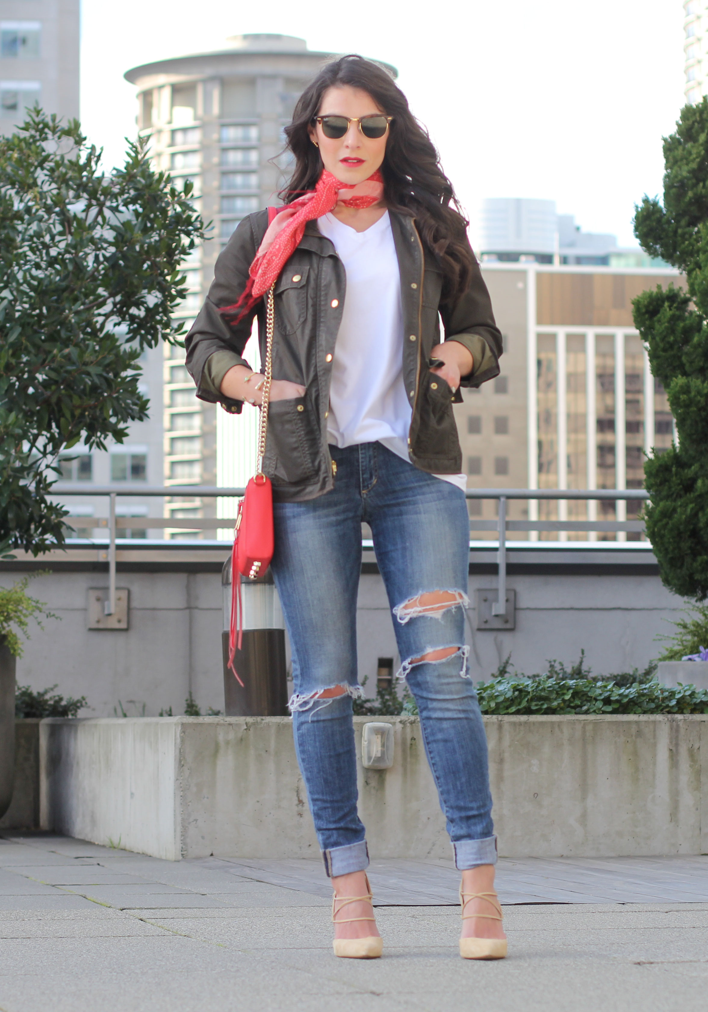 Shop His Closet: How to wear a boyfriend tee, Red Scarf, J.Crew Downtown Field Jacket, Sam Edelman 'Dayna' Pumps, Rebecca Minkoff Avery Crossbody