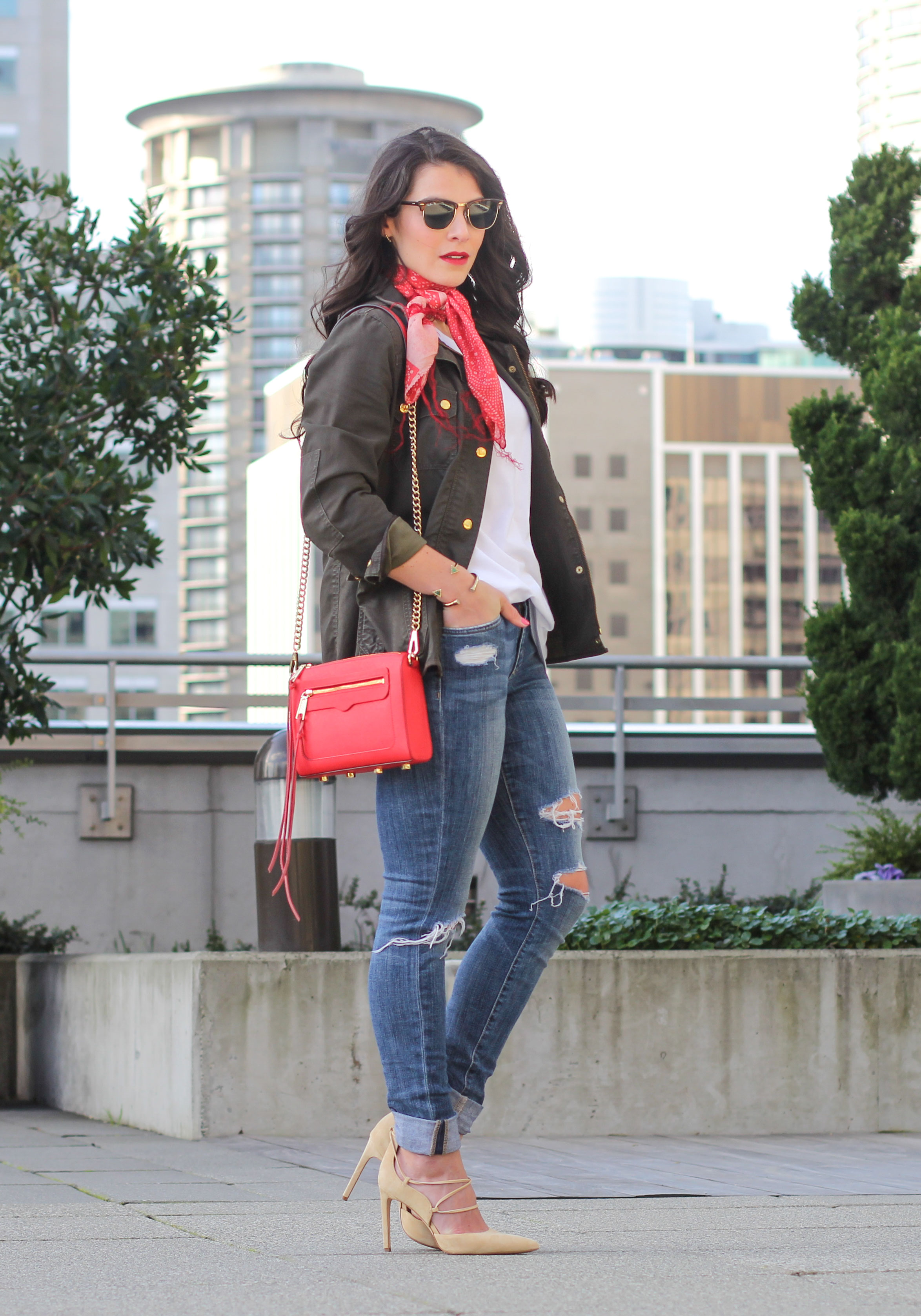 Shop His Closet: How to wear a boyfriend tee, Red Scarf, J.Crew Downtown Field Jacket, Sam Edelman 'Dayna' Pumps, Rebecca Minkoff Avery Crossbody