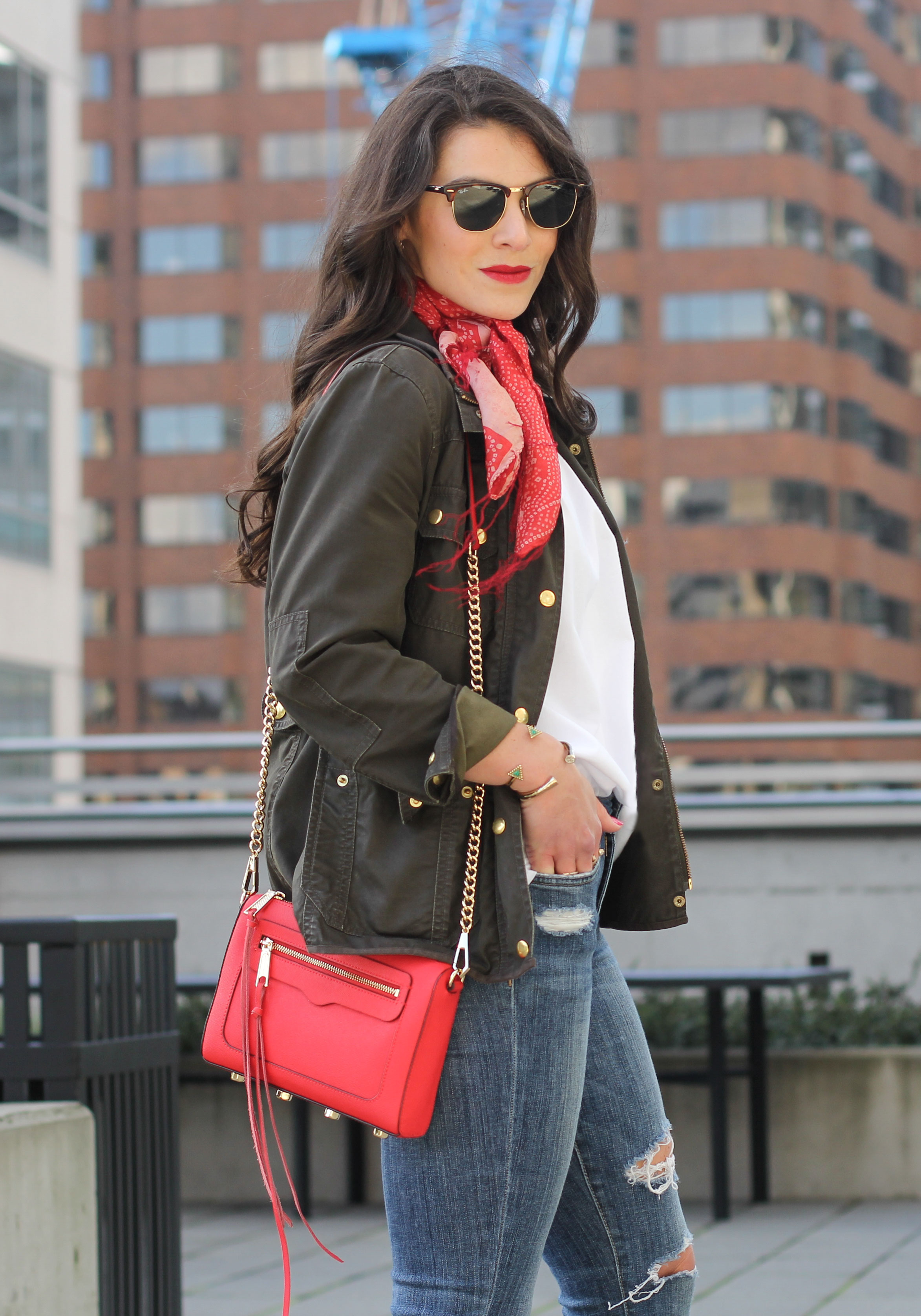 Shop His Closet: How to wear a boyfriend tee, Red Scarf, J.Crew Downtown Field Jacket, Sam Edelman 'Dayna' Pumps, Rebecca Minkoff Avery Crossbody