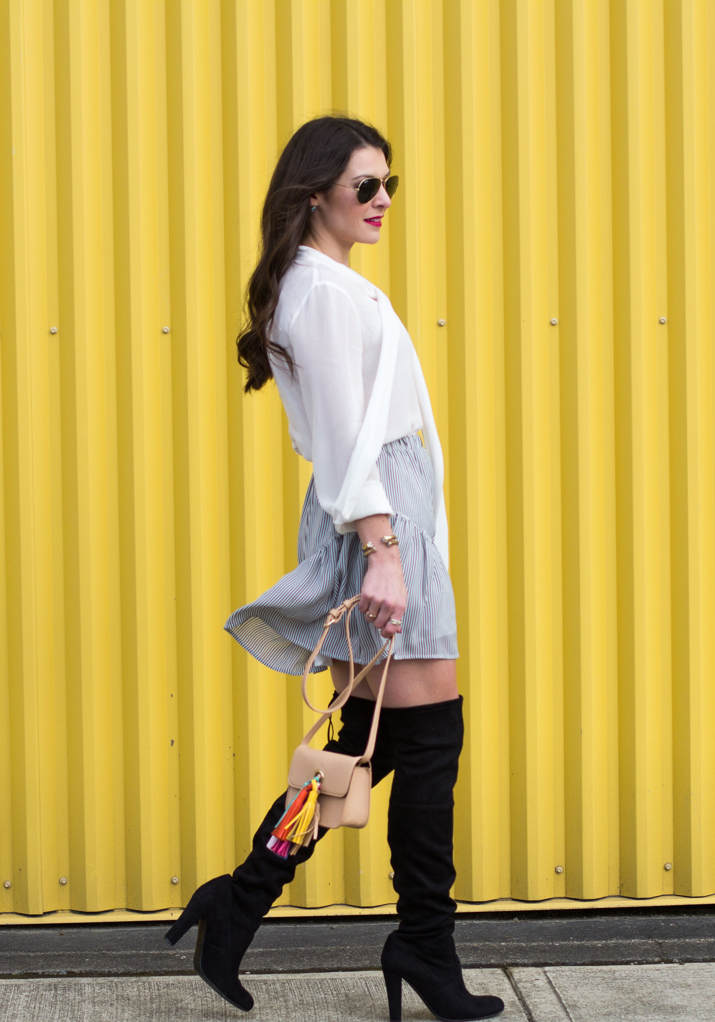 Transition You Wardrobe Into Spring, Steve Madden Gorgeous Boots, Banana Republic Embroidered Trim Mini Skirt, White Bow Blouse, Classic Trench Coat, Rebecca Minkoff Tassel Bag DIY