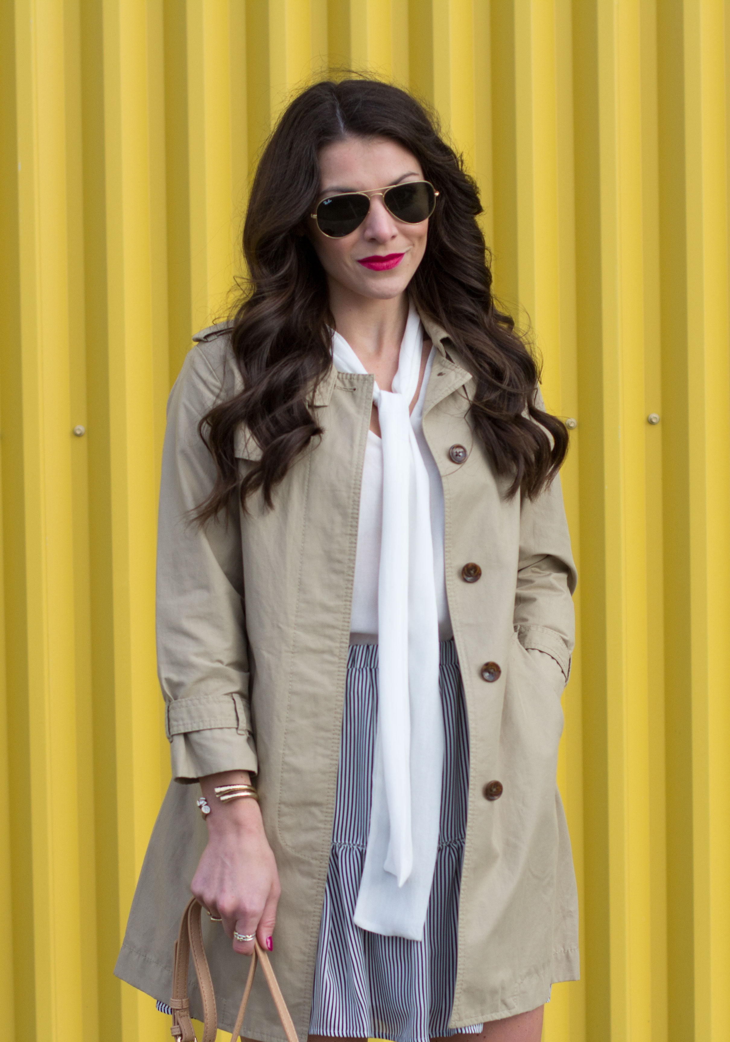 Transition You Wardrobe Into Spring, Steve Madden Gorgeous Boots, Banana Republic Embroidered Trim Mini Skirt, White Bow Blouse, Classic Trench Coat, Rebecca Minkoff Tassel Bag DIY