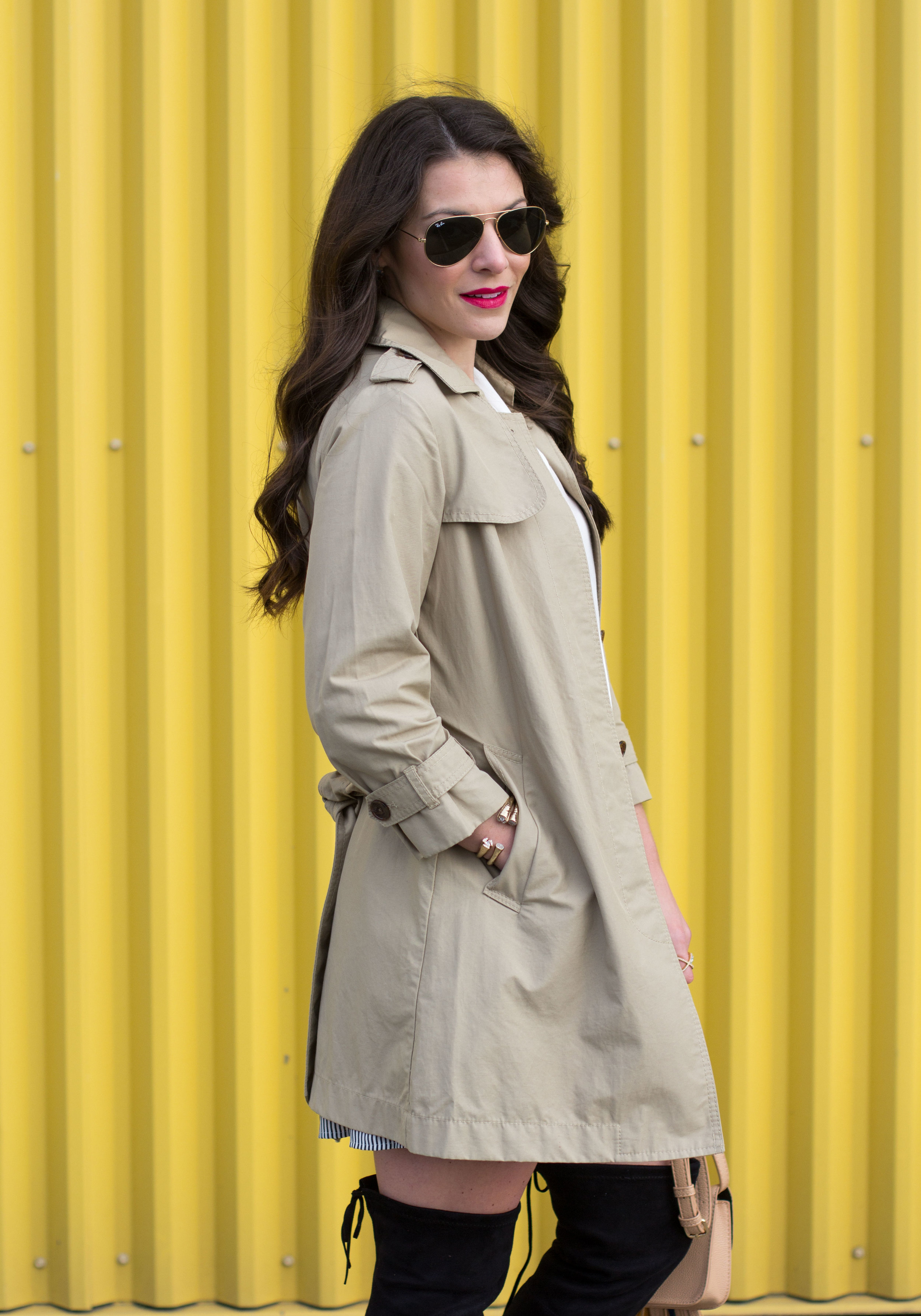 Transition You Wardrobe Into Spring, Steve Madden Gorgeous Boots, Banana Republic Embroidered Trim Mini Skirt, White Bow Blouse, Classic Trench Coat, Rebecca Minkoff Tassel Bag DIY