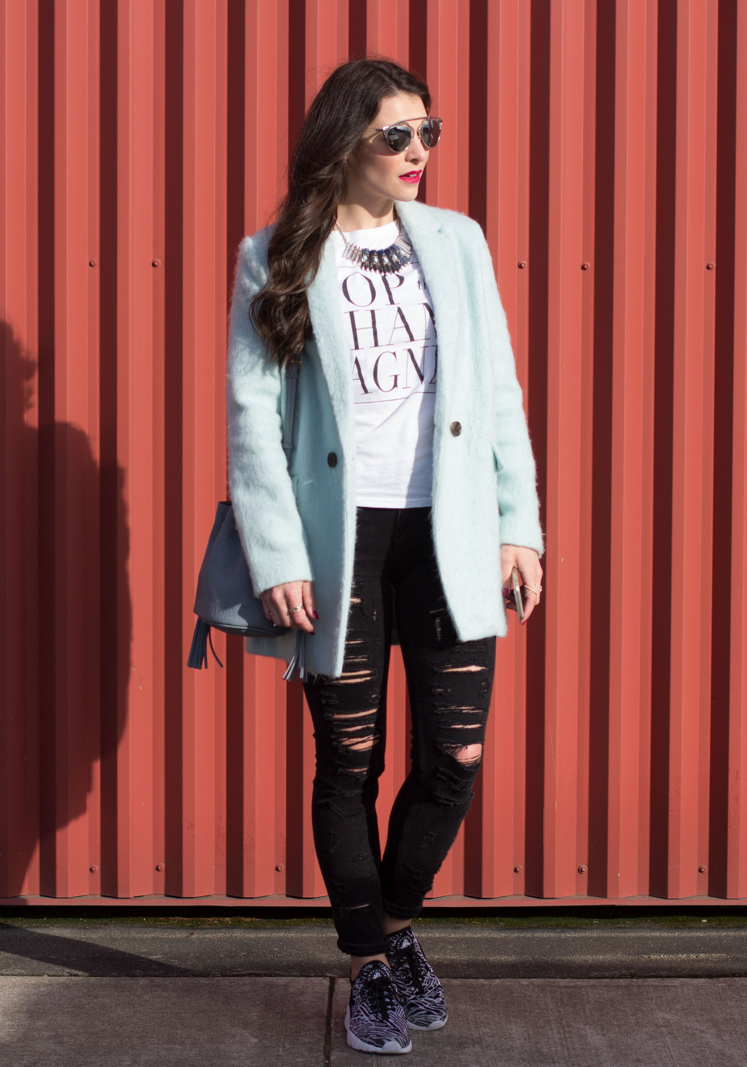 T&J Pop The Champagne T-Shirt, Blank Denim Ripped Skinny Jeans, Nike Air Huarache Jacquard Running Shoes, Mint Green Jacket, Mirrored Sunglasses, Street Level Bucket Bag, Turquoise Necklace