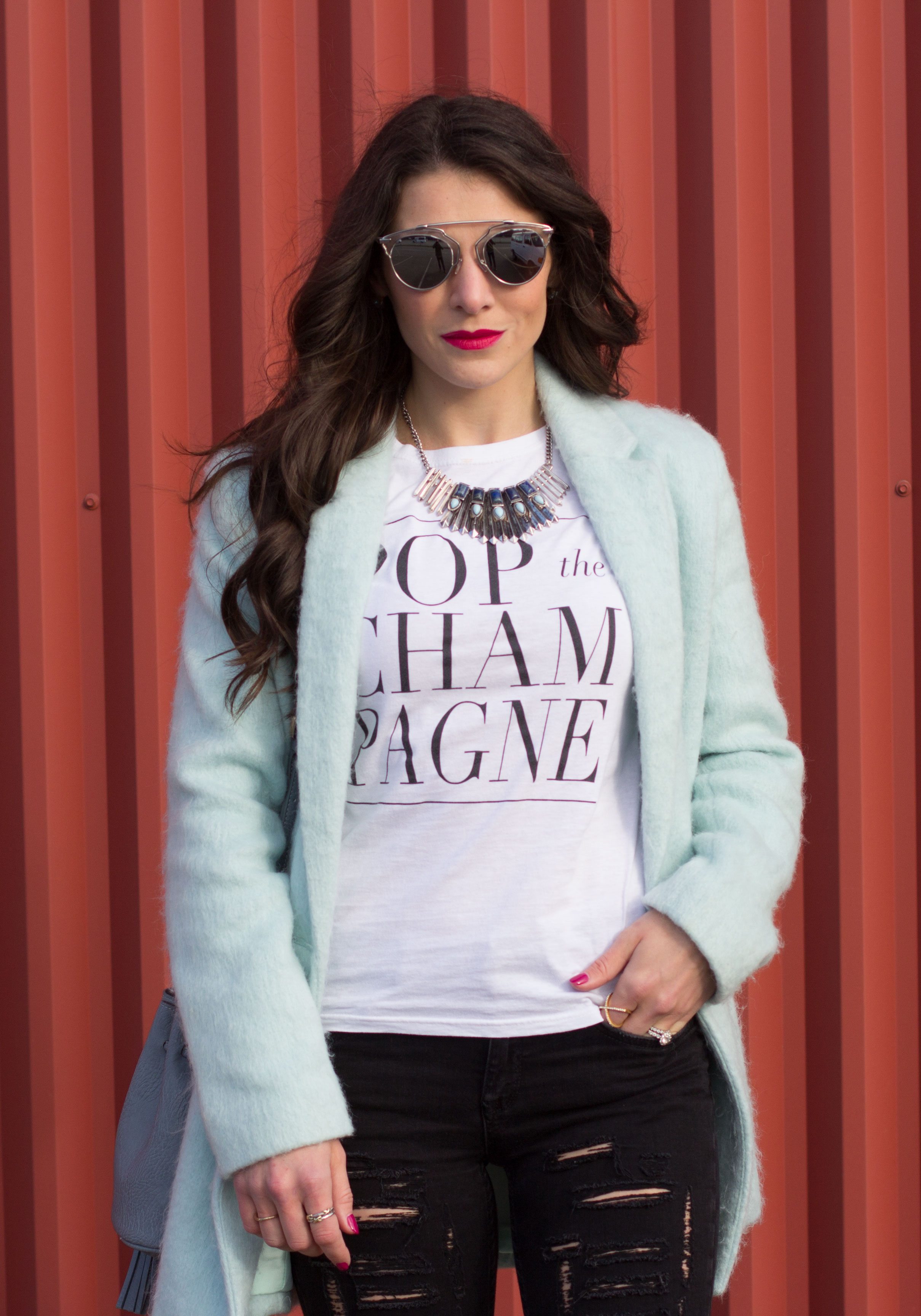 T&J Pop The Champagne T-Shirt, Blank Denim Ripped Skinny Jeans, Nike Air Huarache Jacquard Running Shoes, Mint Green Jacket, Mirrored Sunglasses, Street Level Bucket Bag, Turquoise Necklace