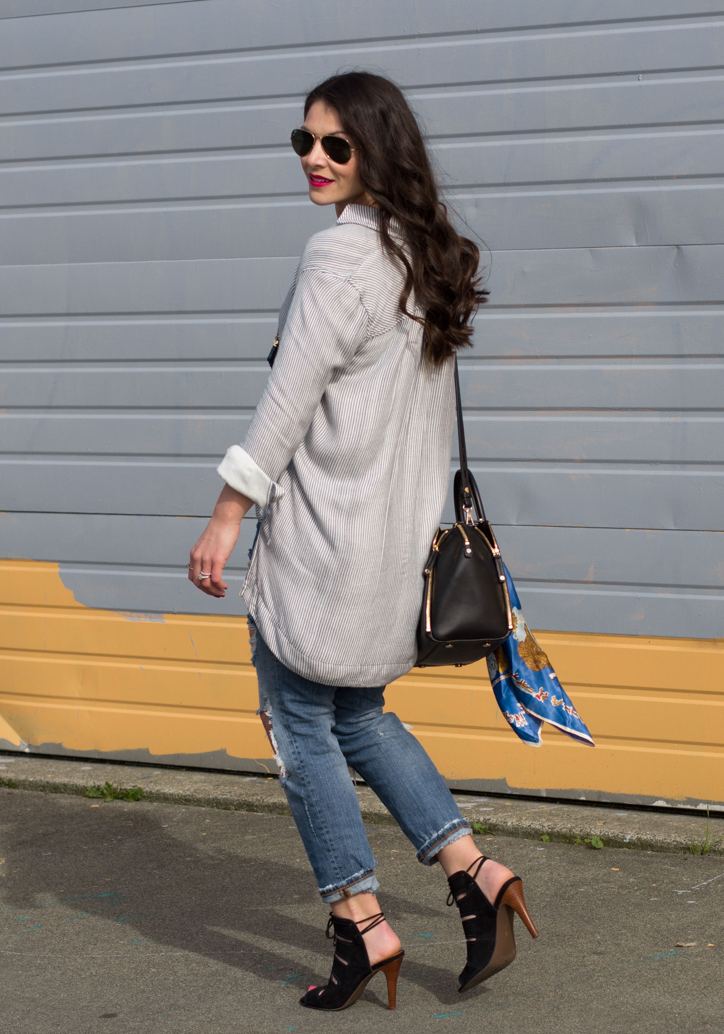 Free People Striped On The Road Shirt, Zara Destroyed Denim, Seychelles Caged Sandals, Rebecca Minkoff Avery, Lucky Brand Lapis Necklace, Canadian Tuxedo, All Denim Outfit