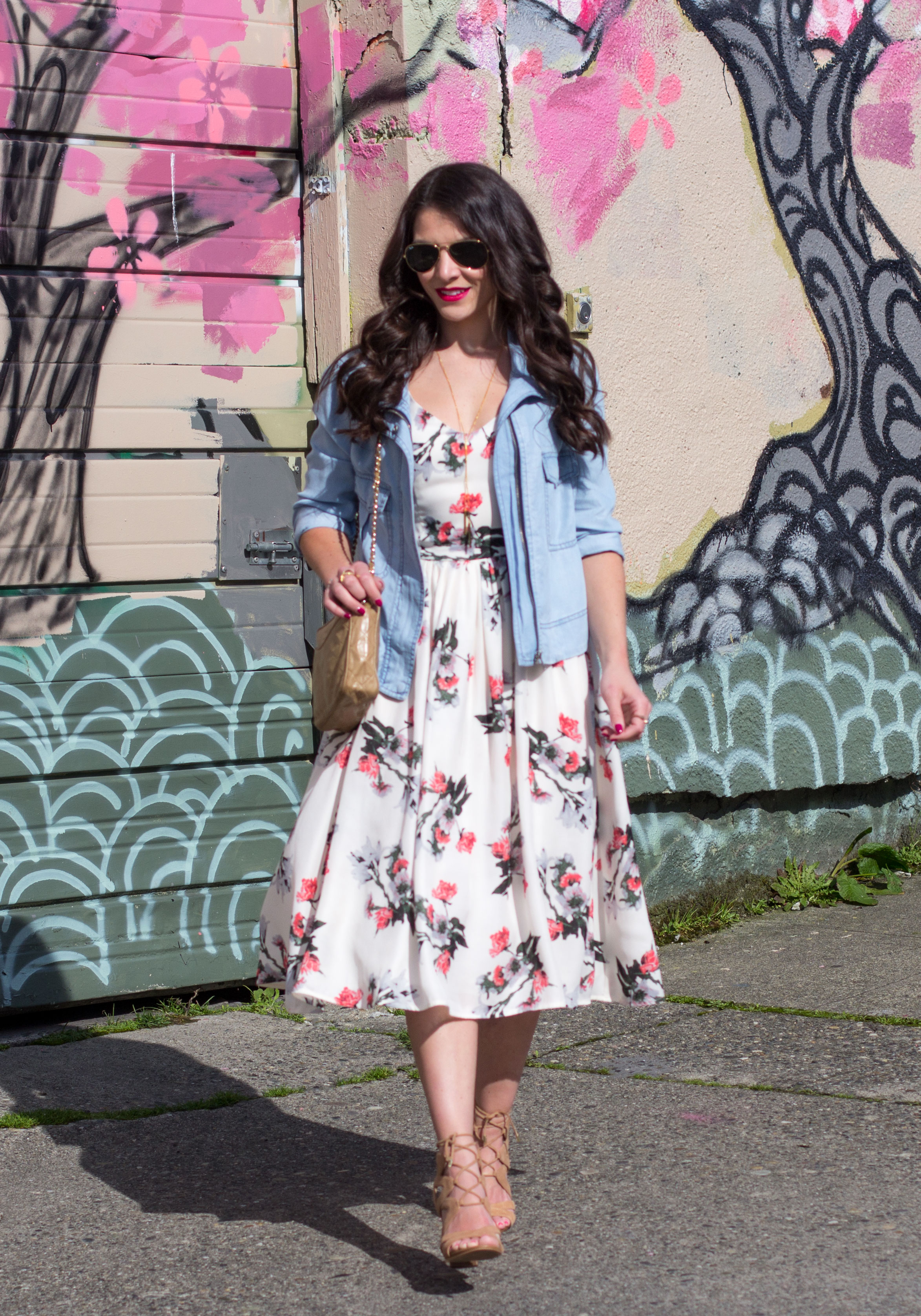 Easter Dress, BB Dakota Emeli Floral Print Midi Dress & Romy Jacket, Sam Edelman Yardley Sandals, Vintage Chanel Bag