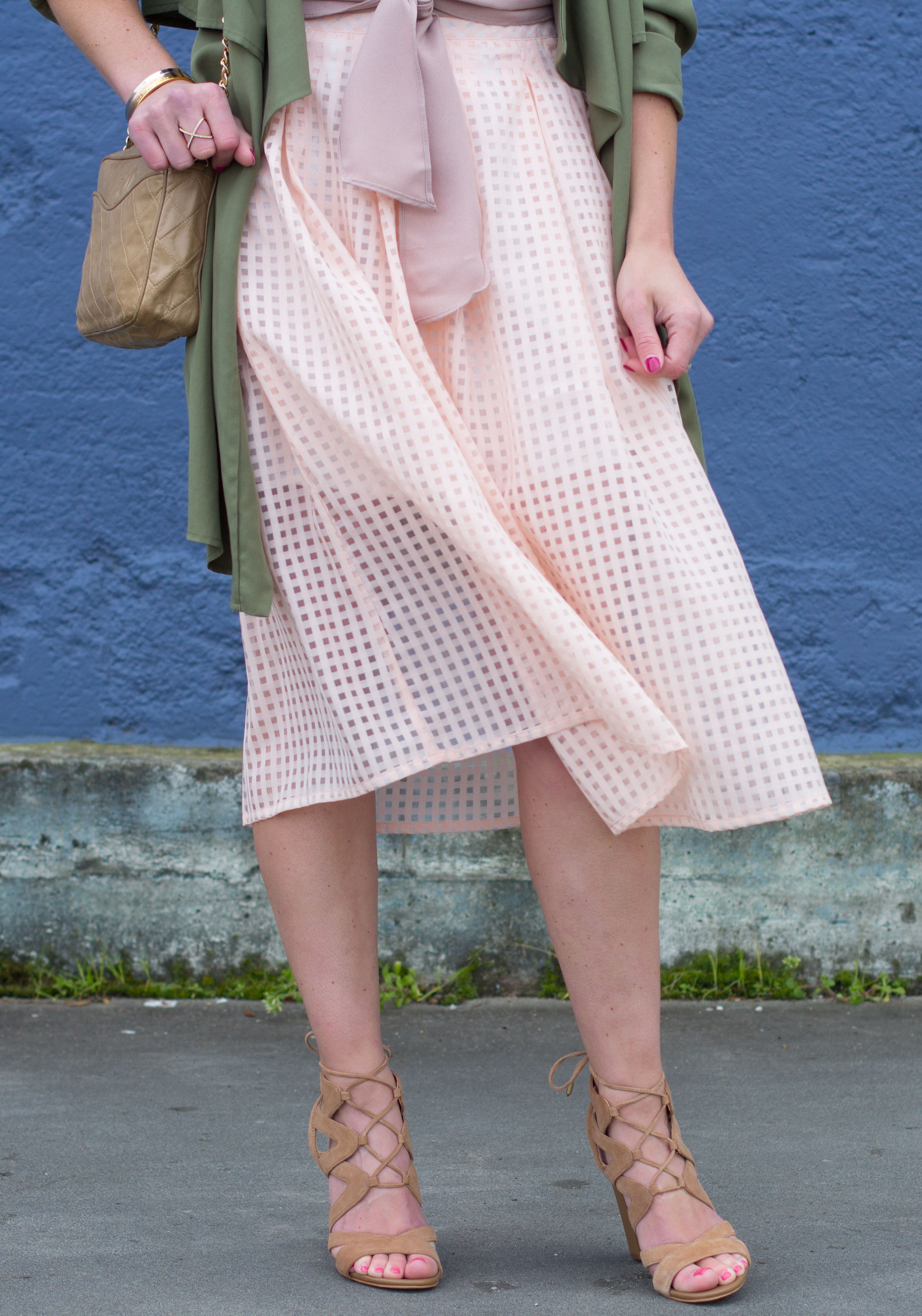Midi Skirt Outfit, Crop Top With Midi Skirt, Baublebar Courtney Bib Necklace, Vintage Chanel Handbag, Green Drape Front Jacket, Sam Edelman Yardley Sandals, Spring Outfit