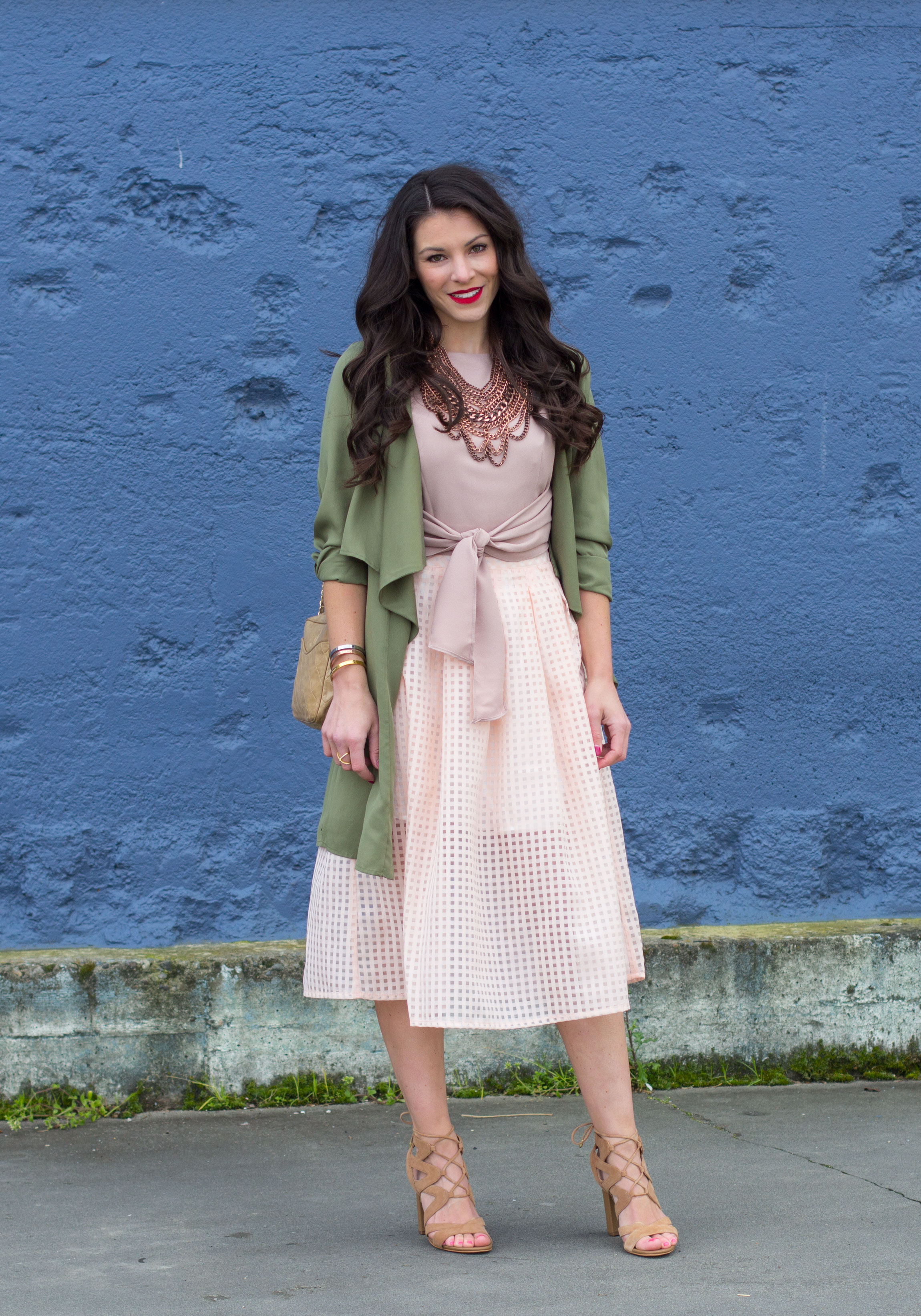 Midi Skirt Outfit, Crop Top With Midi Skirt, Baublebar Courtney Bib Necklace, Vintage Chanel Handbag, Green Drape Front Jacket, Sam Edelman Yardley Sandals, Spring Outfit