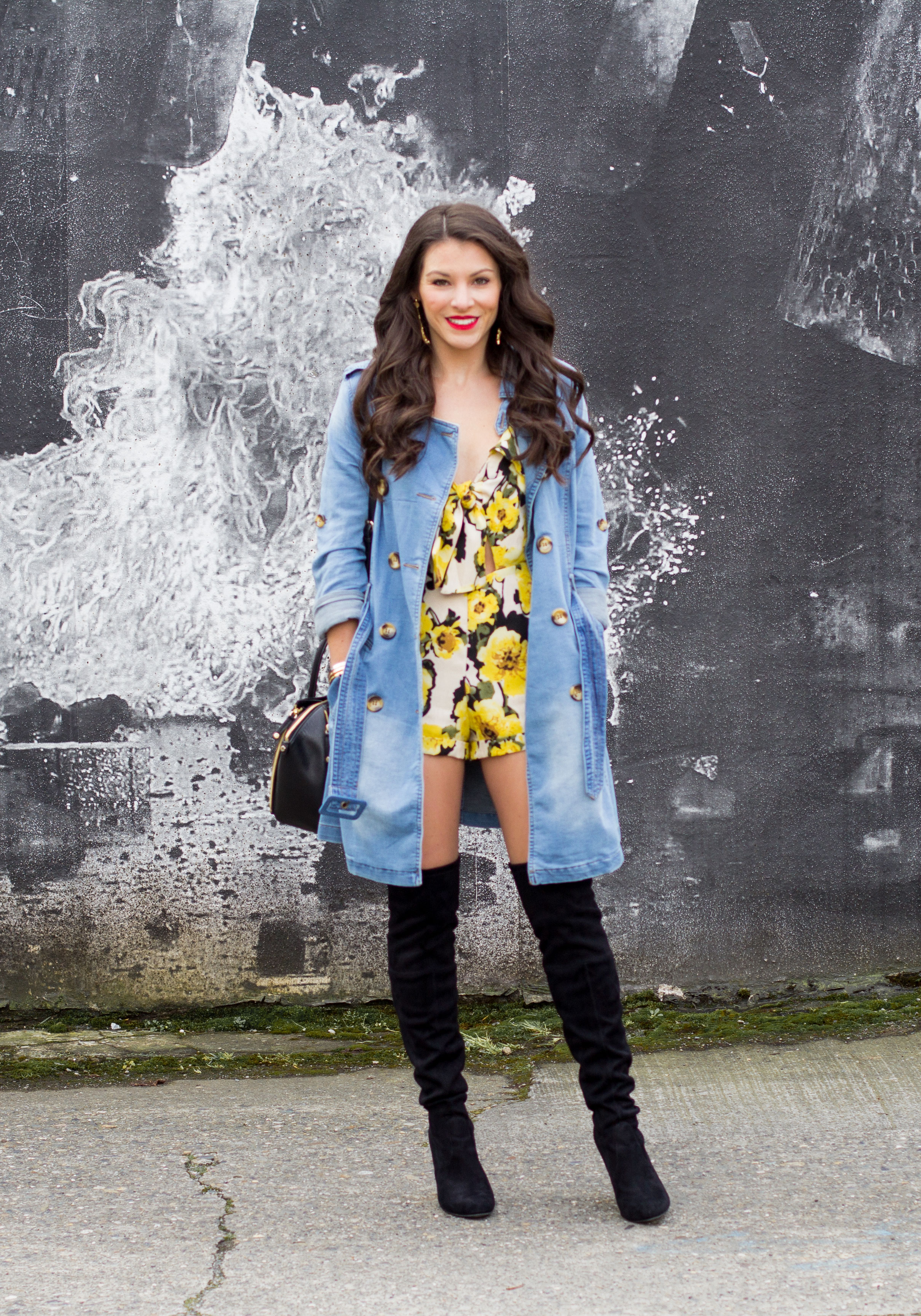 JOA Tie Front Cutout Floral Romper, Steve Madden Women's Denim Trench Coat, Steve Madden Gorgeous Over The Knee Boots, Rebecca Minkoff Mini Perry Satchel, Taudrey Tassel Earrings, Spring Outfit
