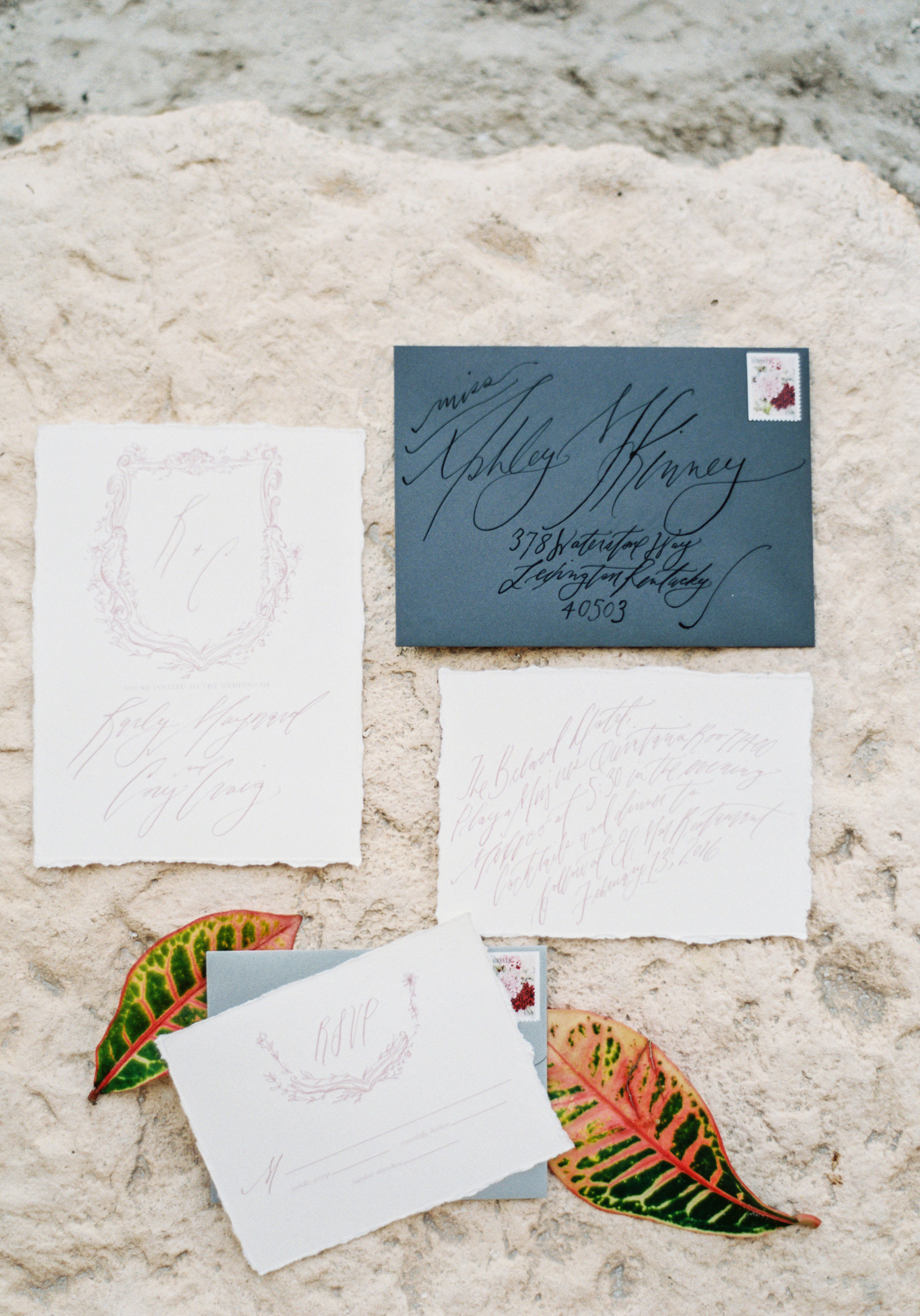 Blush and grey calligraphy invitation suite for a Mexico destination wedding on the beach. www.me-and-mrjones.com