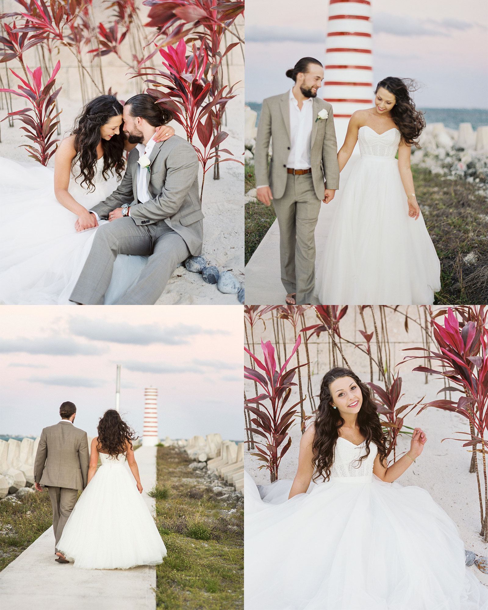 Bride & Groom in Mexico, destination wedding on the beach, Bridal separates, Watters Ashan skirt, Bride with hair down.