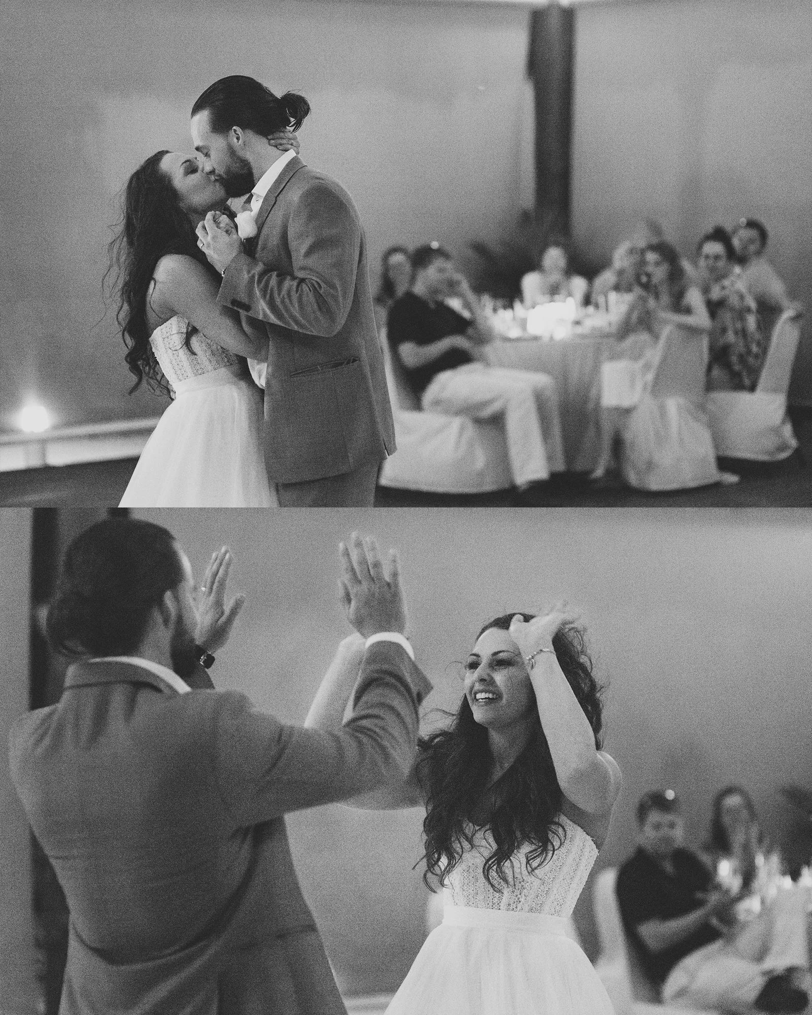 Destination wedding in Mexico, bride and groom's first dance, Groom with a man bun.