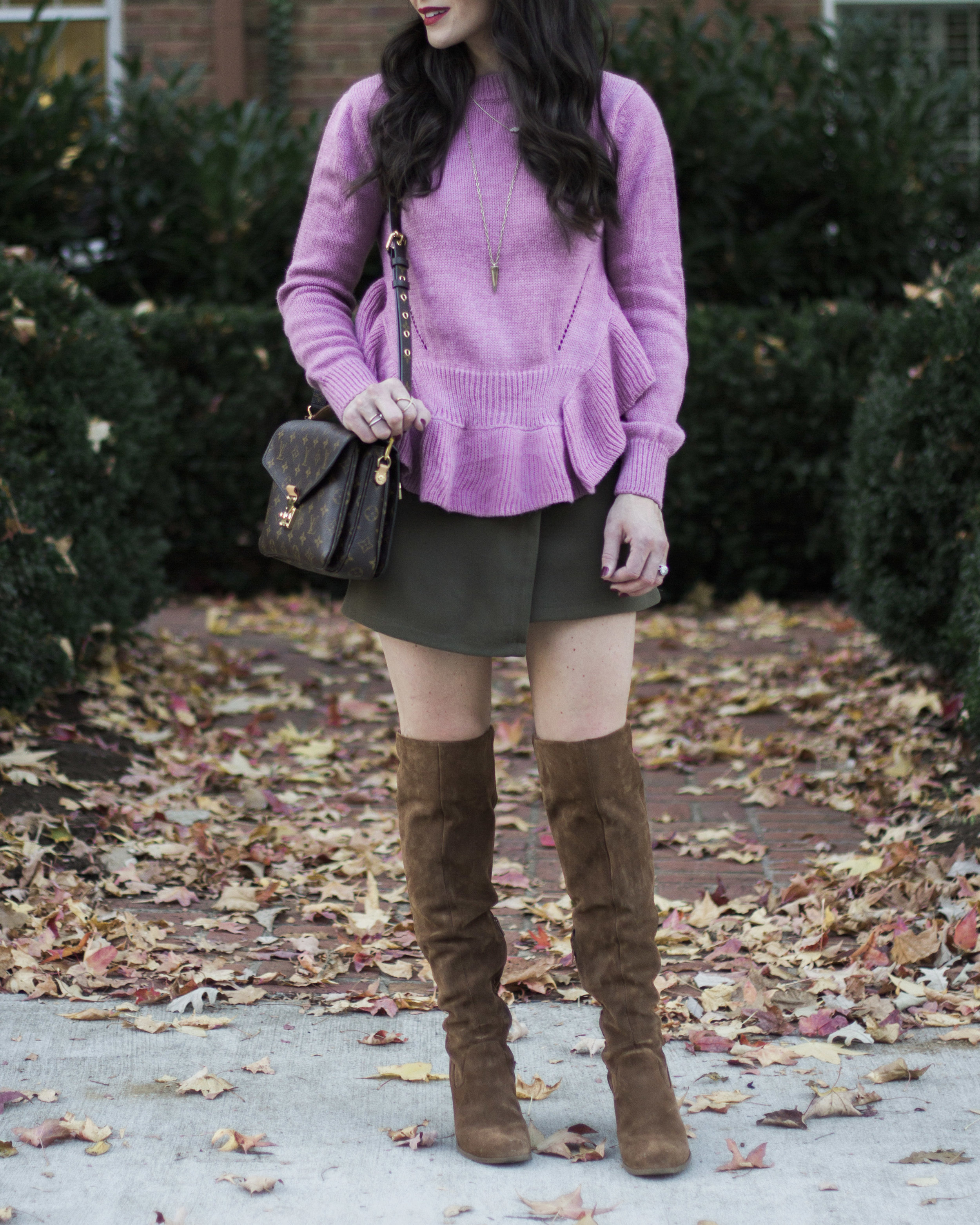 Winter coat over a mini dress. Louis Vuitton Speedy 35. Tall boots. Great  Winter outfit!! Check o…