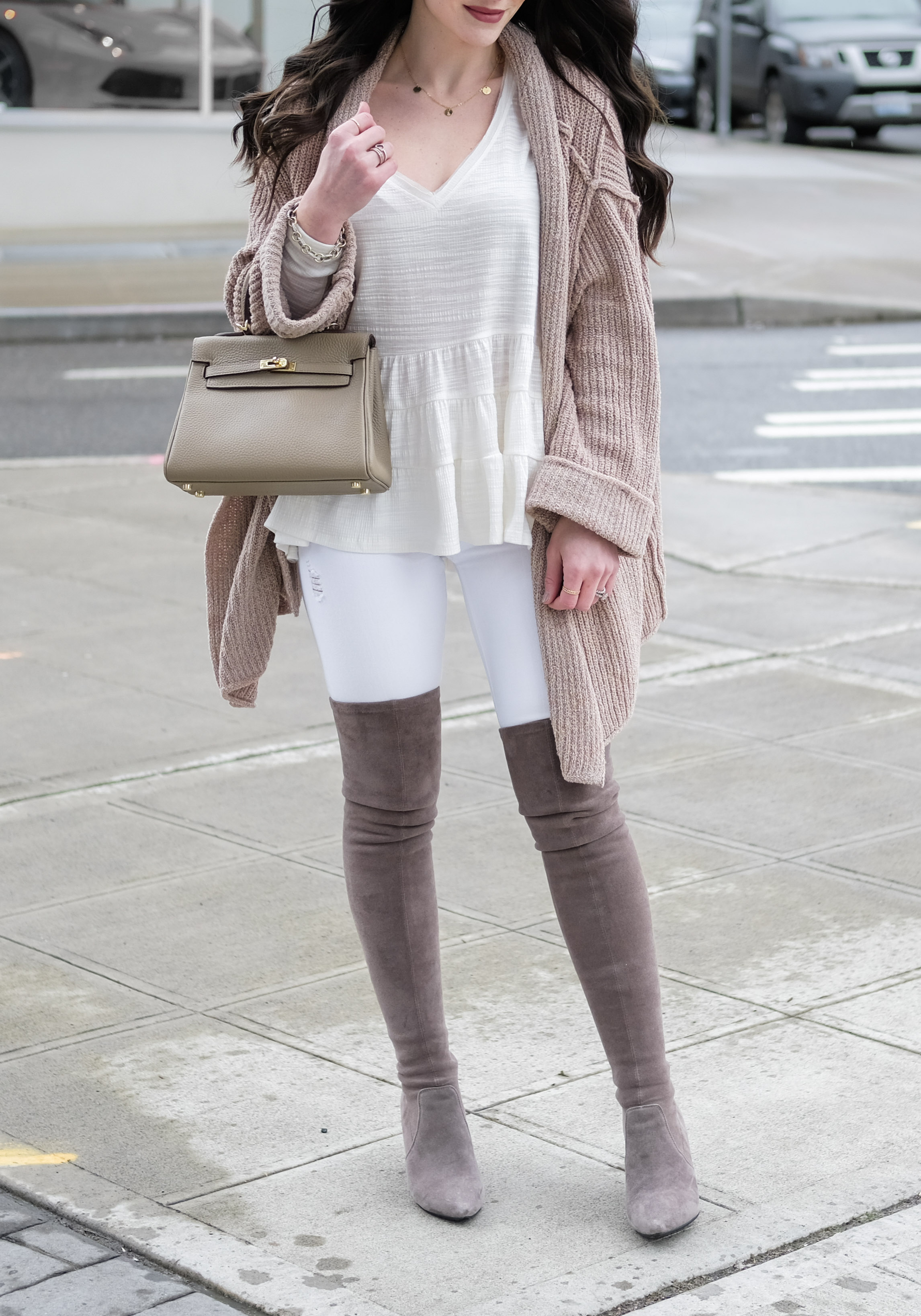 over the knee taupe boots outfit