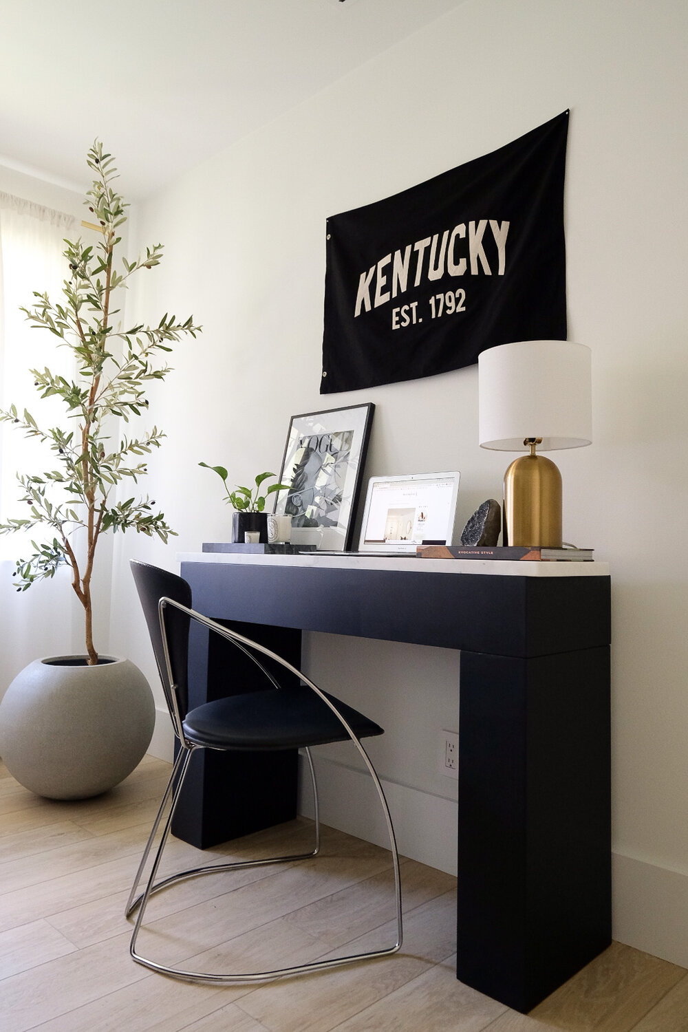 DIY console desk.  Modern small space office. Black & White home decor.