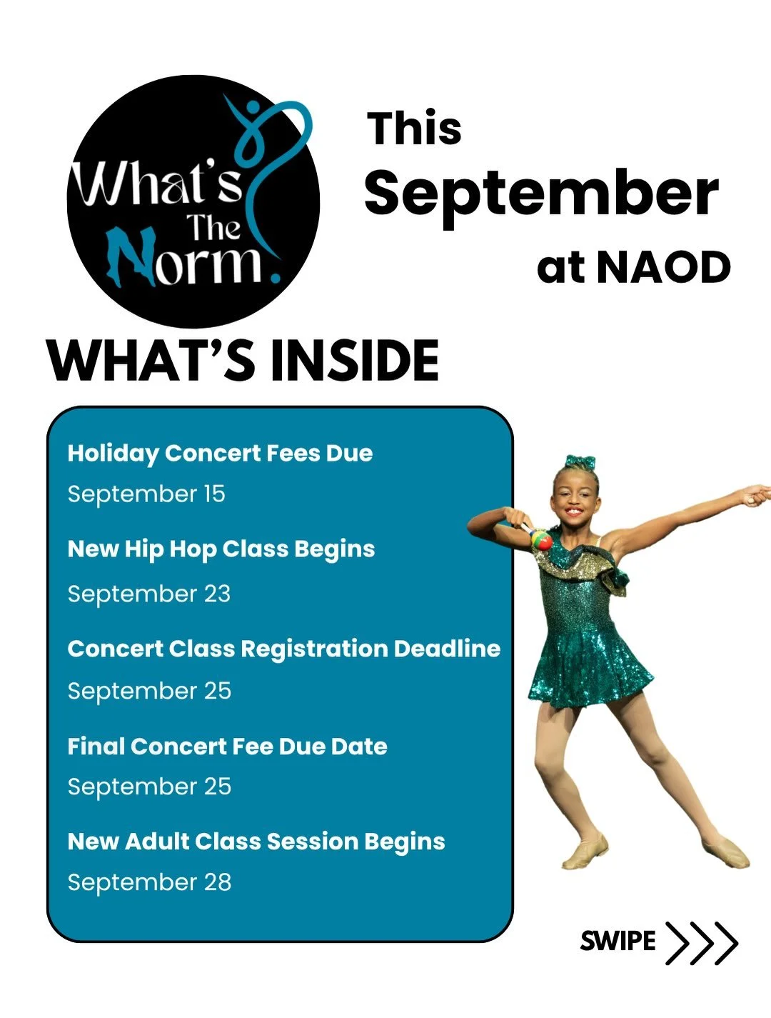 ✨WHAT&rsquo;S THE NORM: September at NAOD ✨

September is bringing new ways to dance, important Hope for Christmas deadlines, and more excitement for our 55th Dance Season! 💙

🎄 HOPE FOR CHRISTMAS DATES
Mark your calendars:
&bull; Sept. 15: Holiday