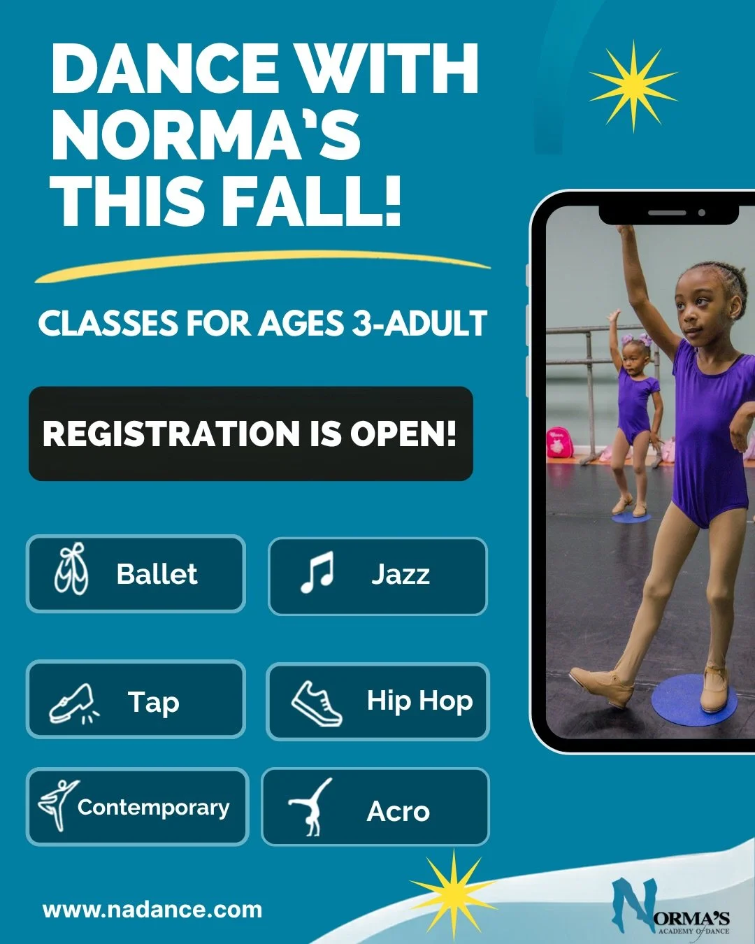 There&rsquo;s still time to dance with Norma&rsquo;s this fall! 💙

Swipe through to find the perfect class for your dancer, from our SOAR Preschool program (ages 3&ndash;4) all the way up to Adult Dance. 🩰

📅 Enroll by September 25 to join one of 