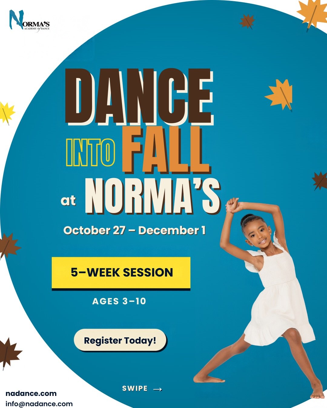 Dance Into Fall at Norma&rsquo;s! 🍂

Looking for a fun, low-commitment way for your dancer to try something new? Our 5-Week Fall Dance Session is the perfect opportunity to build confidence, learn new skills, and experience NAOD before committing to