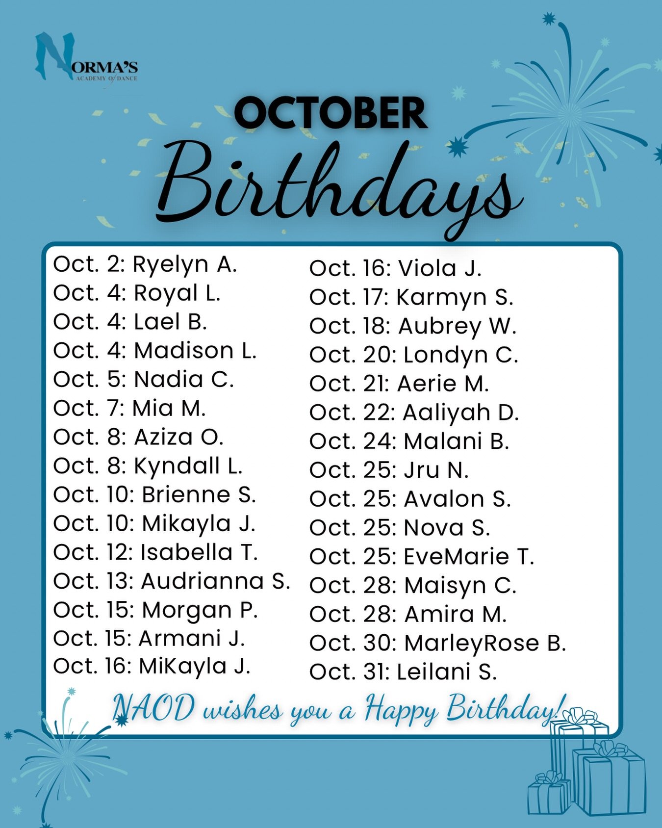 🍂 ✨ Fall into your birthday month, October dancers! ✨ 🎃

To all of our NAOD dancers celebrating a birthday this month, we&rsquo;re wishing you a day full of fun, big smiles, and plenty of spotlight moments! 💕 🩰

May this new year of life bring yo