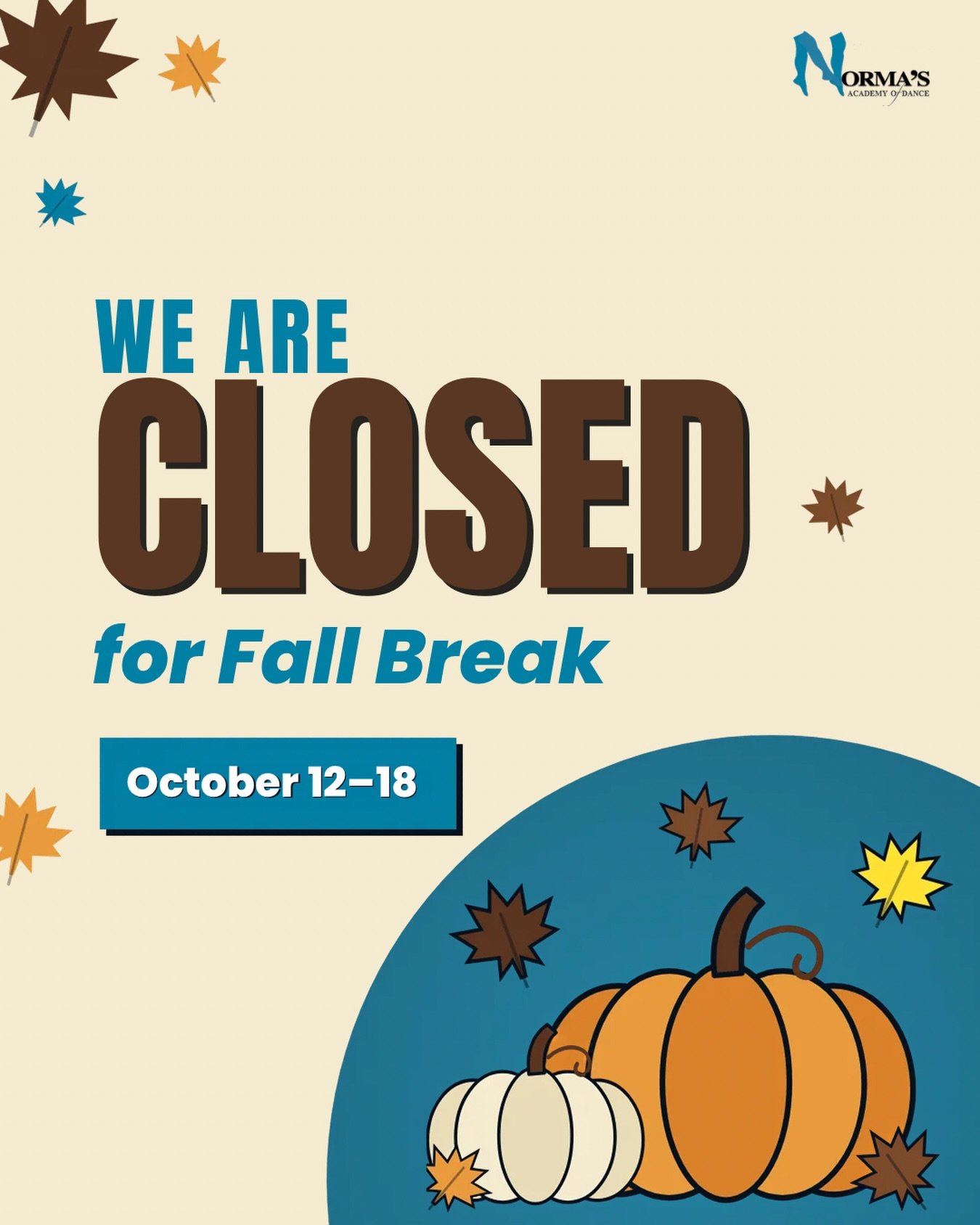 🍂 We are CLOSED this week for Fall Break! 🎃

Our NAOD family is taking a little break to rest, recharge, and enjoy the season. 🍁 

There will be no classes October 12&ndash;18.

We can&rsquo;t wait to see everyone back in the studio on Monday, Oct