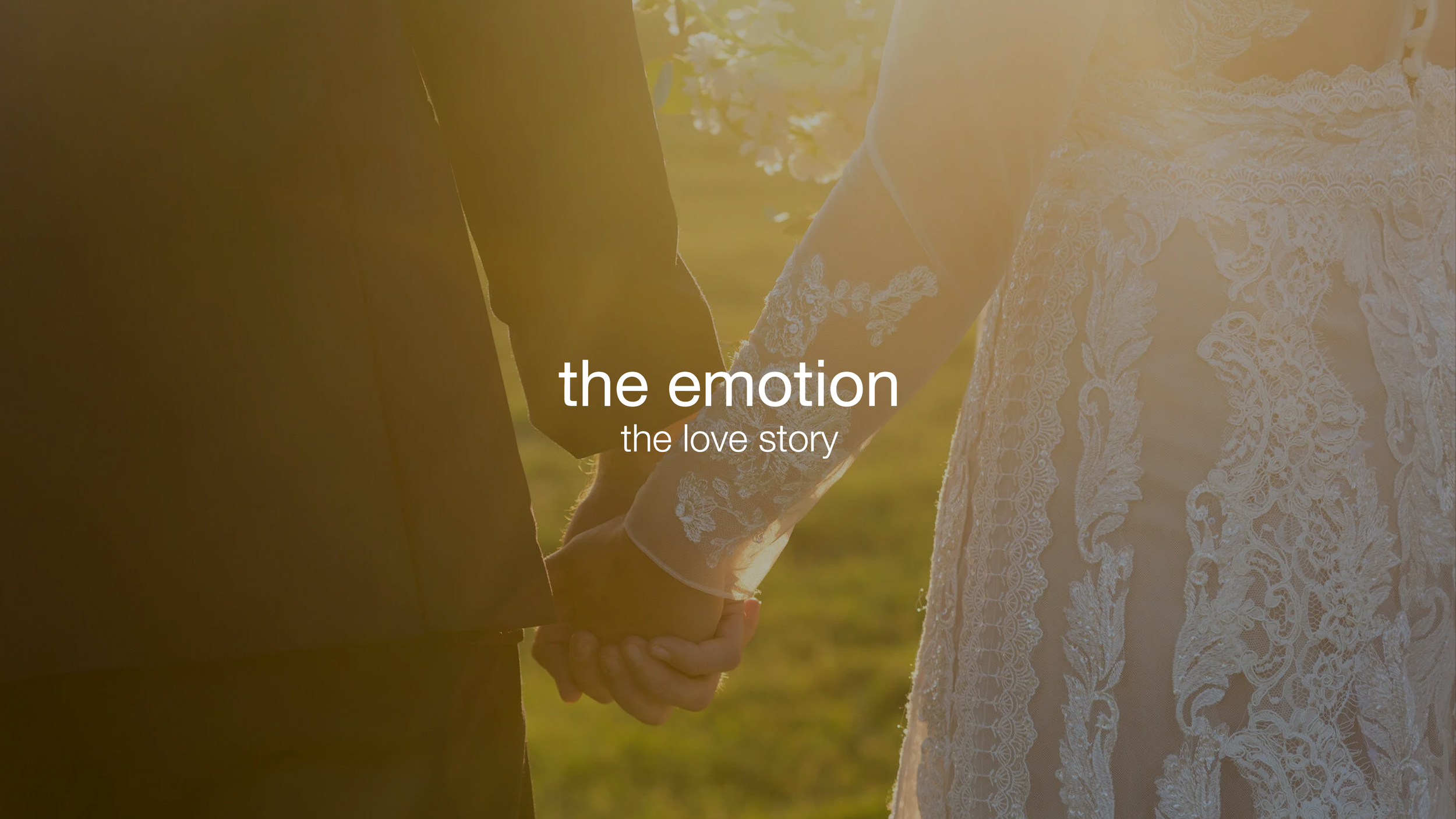 A couple holding hands outdoors with sunlight filtering through trees, the woman wearing a lace dress and the man in a dark suit, with the text 'the emotion, the love story' overlayed.