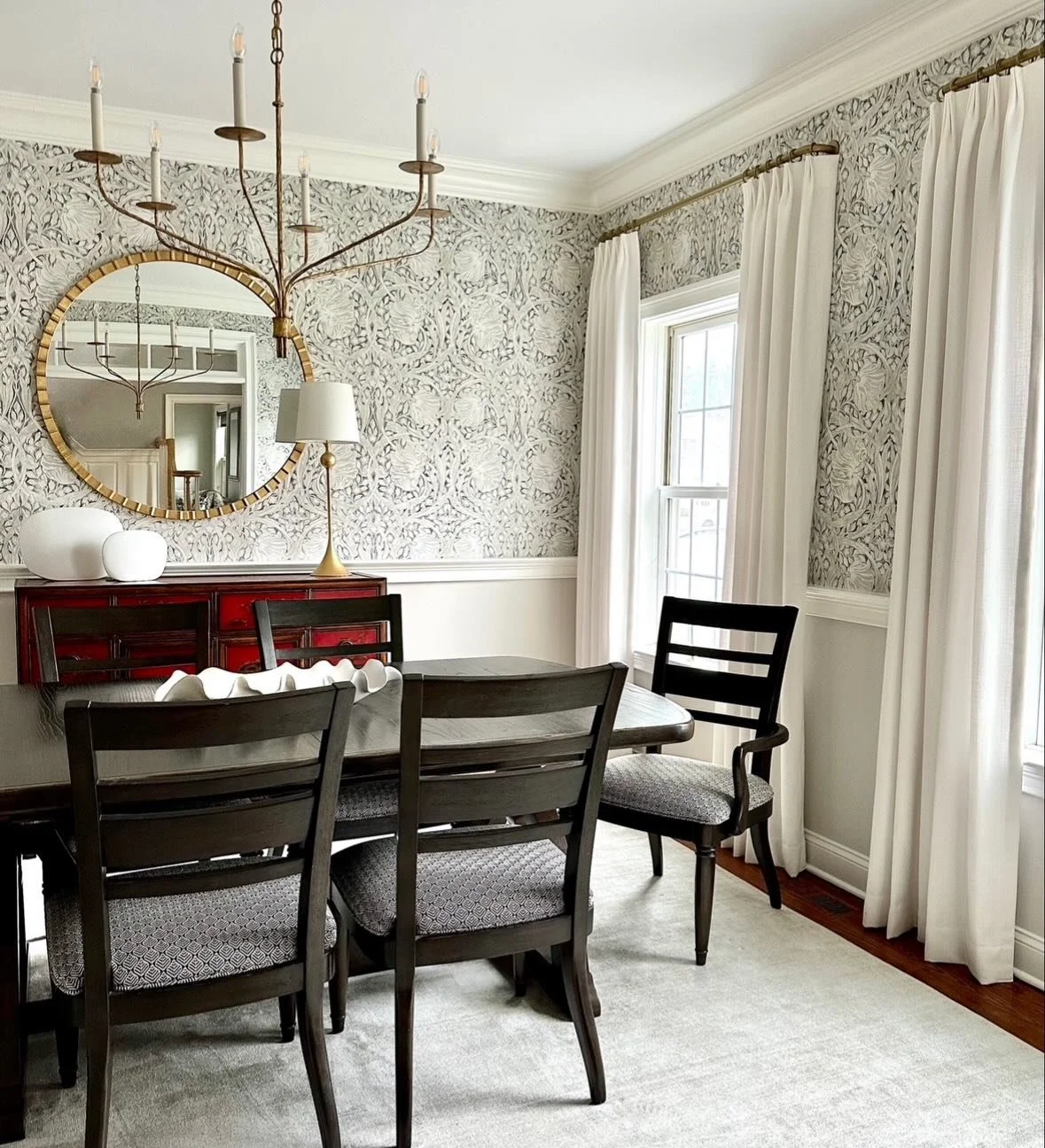 Proof that you don&rsquo;t always need to get new furniture to take a room to the next level!  The foundation makes all the difference&hellip;Classic Morris &amp; Co. wallpaper paired with pleated drapes and a soft, neutral rug add texture and warmth