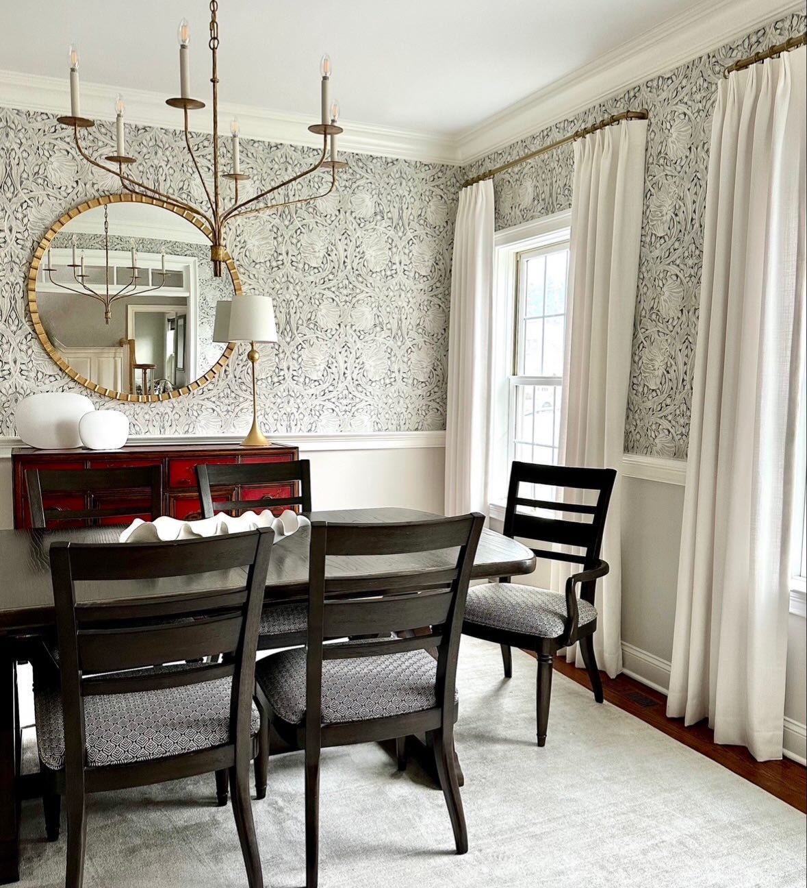 Proof that you don&rsquo;t always need to get new furniture to take a room to the next level!  The foundation makes all the difference&hellip;Classic Morris &amp; Co. wallpaper paired with pleated drapes and a soft, neutral rug add texture and warmth
