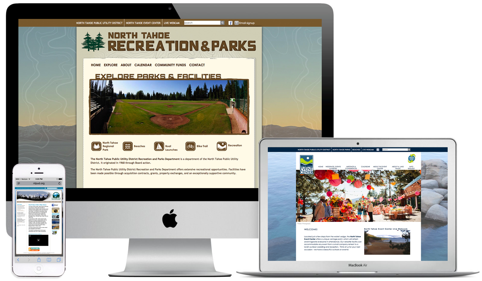 The North Tahoe Public Utility District was previously maintaining three different websites for the North Tahoe PUD, the North Tahoe Event Center, and the North Tahoe Recreation & Parks. We consolidated the sites using the Drupal content management system so that the district's staff could maintain their websites in-house. By using the same Drupal template across all three but customizing the design of each, the sites now portray a cohesive, connected brand, while maintaining the unique feel of each of the districts' facilities. www.ntpud.org , www.northtahoeevents.com , www.northtahoeparks.com