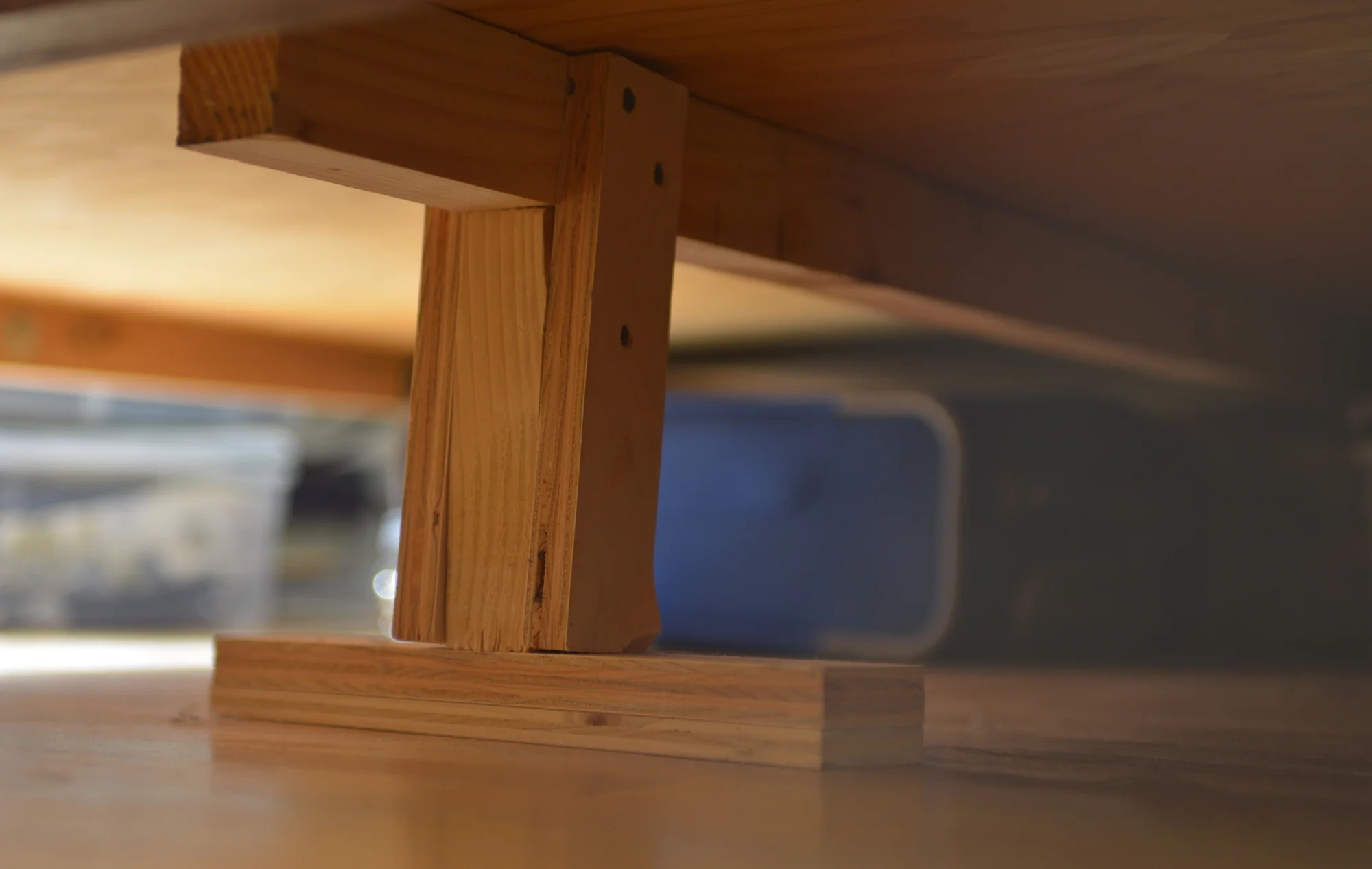 Shown here is the center support structure Jack built to hold up the mattress, he also affixed two plywood boards for additional support so that the mattress would not sag. Photograph by Lauren L Caron © 2015