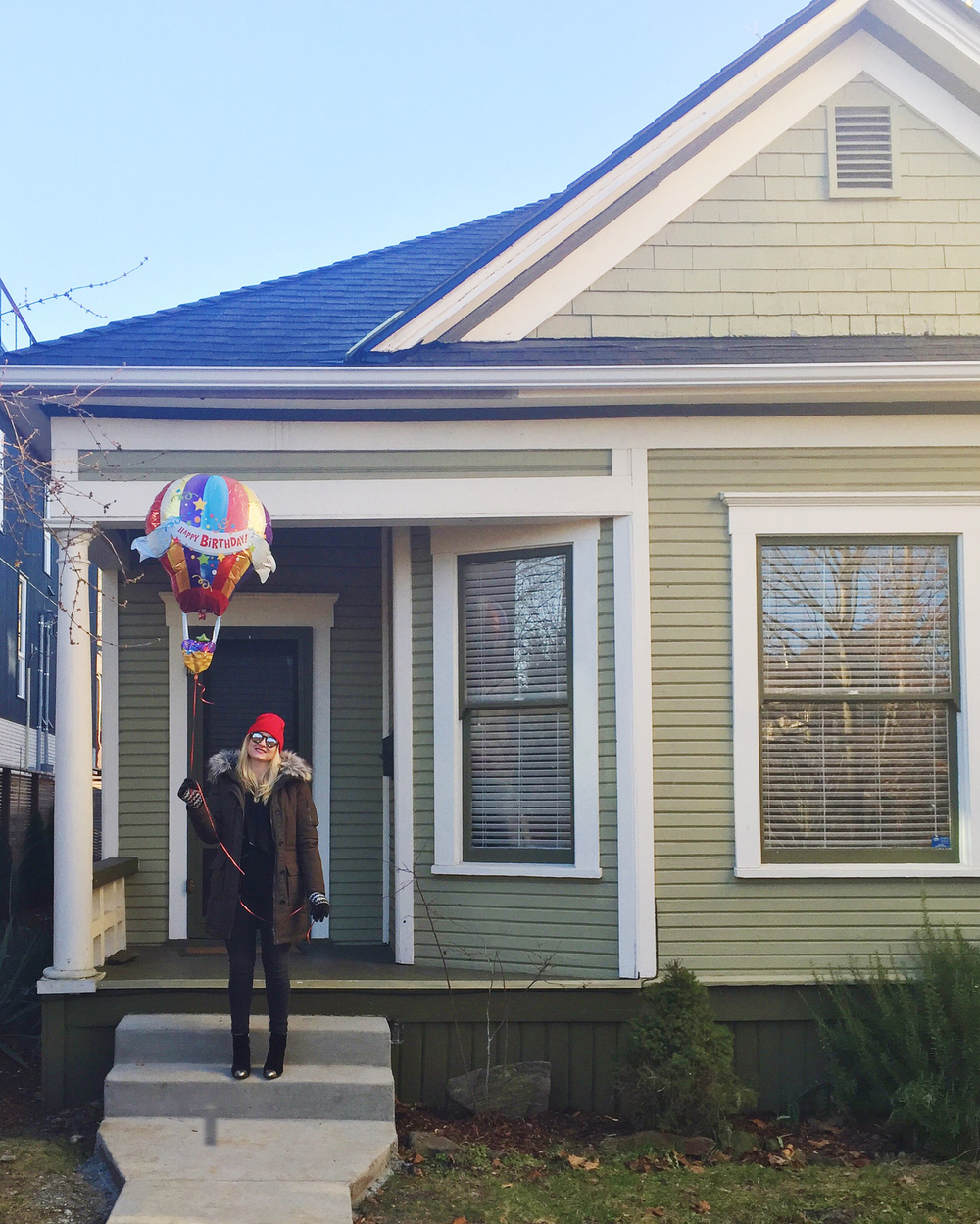 On our front stoop with the balloon Jack gave me for my birthday&nbsp;